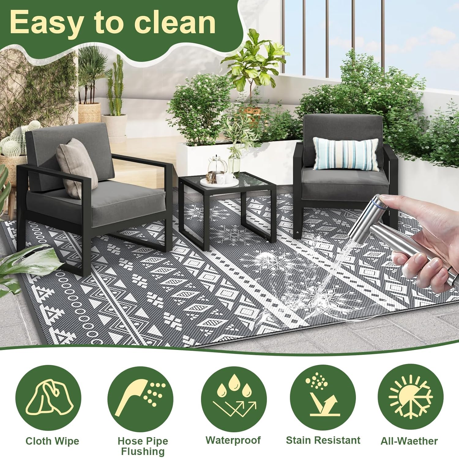Mokani Outdoor Rug for Patio Waterproof, Reversible Garden Rugs 120X180Cm, Large Plastic Rugs, Lightweight Foldable Boho Area Rugs, UV Resistant Indoor Outdoor Carpet Mats for RV, Balcony, Beach, Deck image number 3