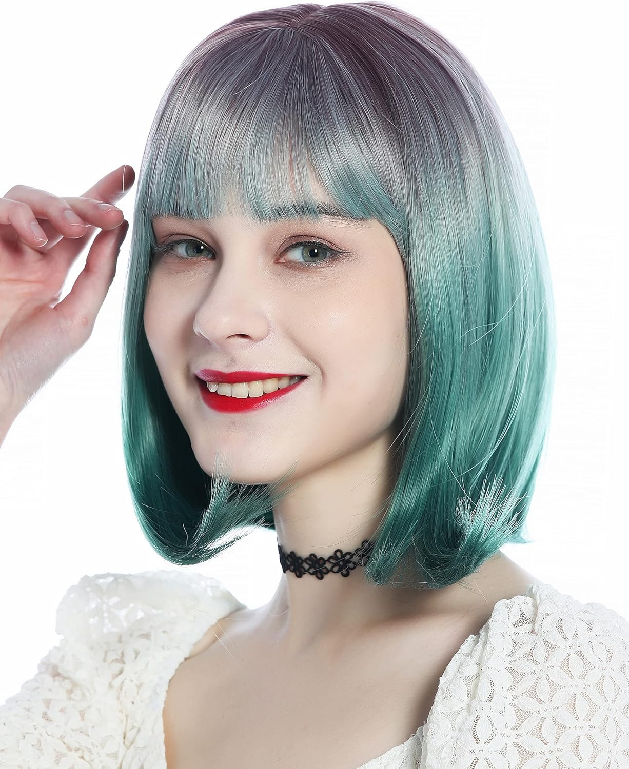 WIG ME up - SZL0842-T-007 Women'S Wig Short Straight Long Bob Bob Fringe Purple Green image number 5