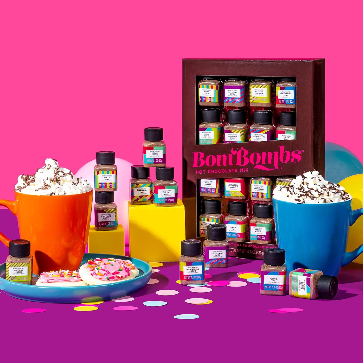 Bombombs, Hot Chocolate Mix Gift Set in Mini Bottles, Flavours Include Rocky Road, Pumpkin Pie, Chocolate Cherry, Peppermint Swirl, Salted Caramel Donut & More, Sampler Set of 16 image number 6