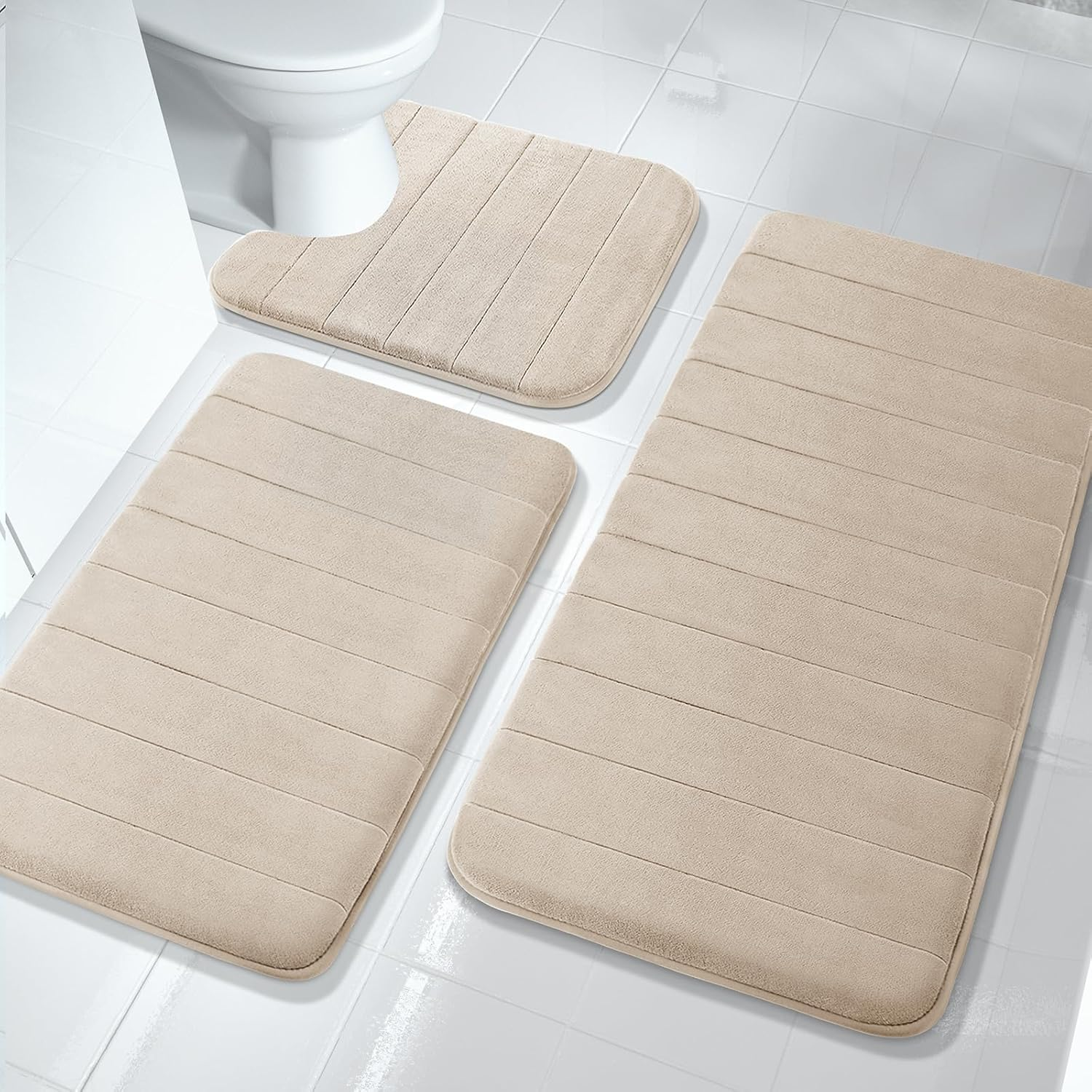 Yimobra 3 Pieces Memory Foam Bath Mat Sets, 31.5 X 19.8 + 17X24 and U-Shaped for Bathroom Rugs, Toilet Mats, Non-Slip, Soft Comfortable, Water Absorption, Machine Washable, Cream White