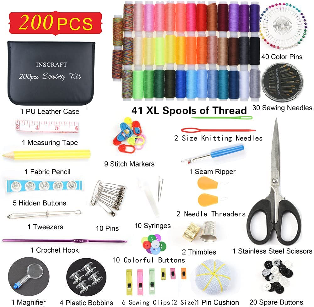 Inscraft Sewing Kit, 200 Premium Sewing Supplies, 41 XL Thread Spools, Suitable for Traveller, Adults, Kids, Beginner, Emergency, DIY and Home By