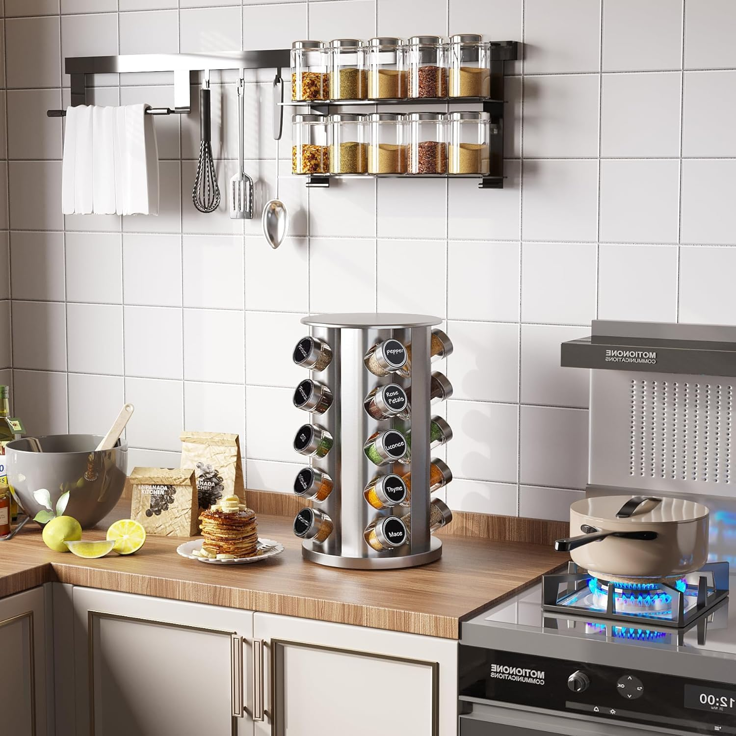 Uvwey Revolving Spice Rack with 20 Jars,Polished Stainless Steel with Black Caps, Stainless Steel Spice Carousel for Kitchen Countertop, Cabinet image number 2