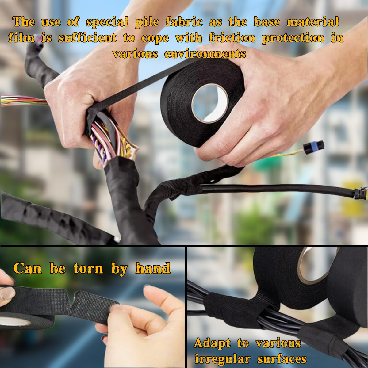 Black Flame-Retardant Fabric Tape, High-Temperature Wire and Cable Loom, 4 Rolls of Sound Insulation, Heat Insulation and Fireproof Tape image number 5