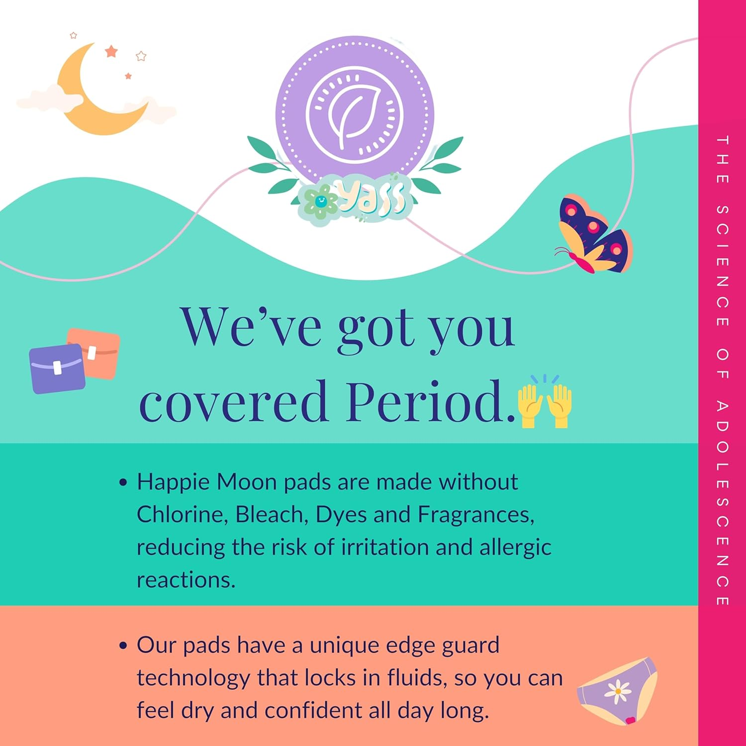 Happie Moon Tween Pads | Small 100% Cotton First Period Pads for Tweens and Teens | Ultra Thin Pads with Wings | Zero Chlorine, Bleach, Dyes and Fragrance | Teen Pads, 20 Count image number 2