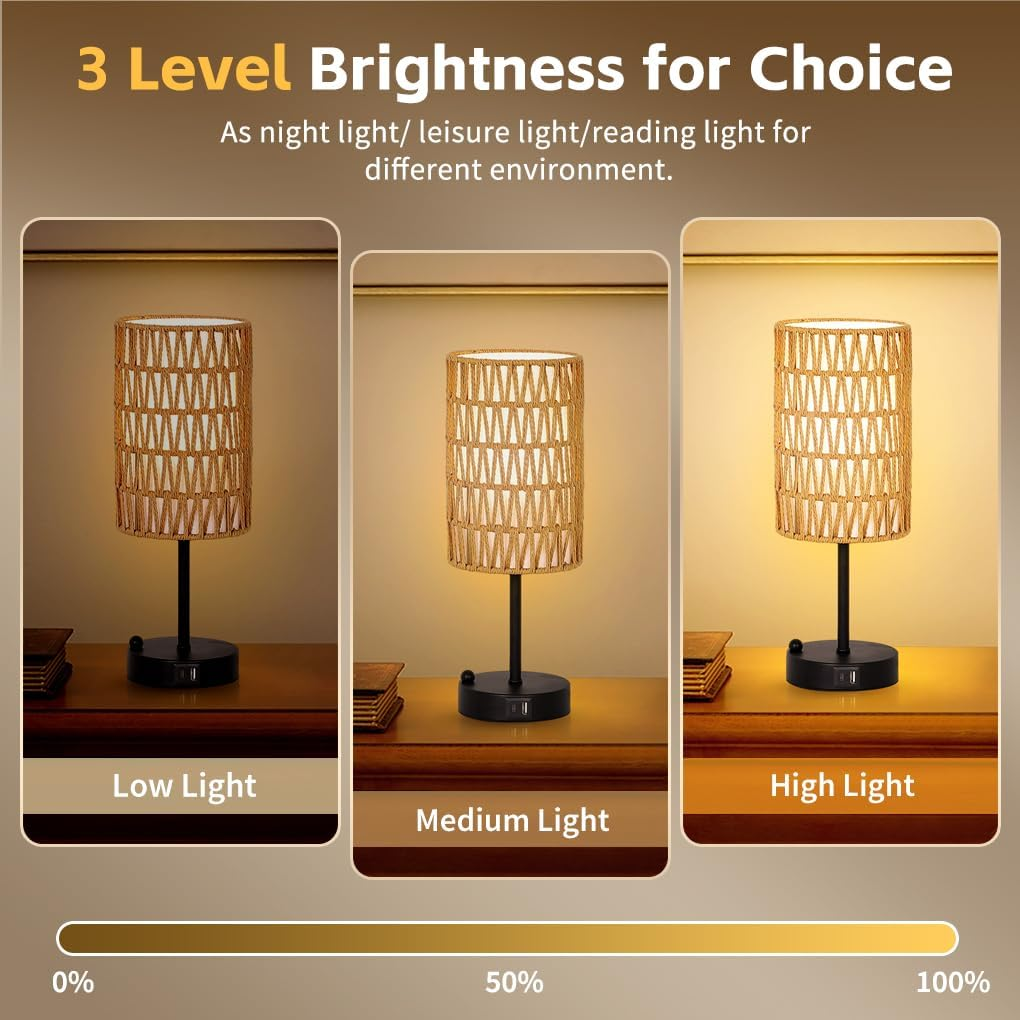 Clora Touch Bedside Lamp with USB A+C Charging Ports & 3-Way Dimmable, Rattan & Linen Shade Table Lamp with Phone Stand and 6W LED Bulb Nightstand Lamp for Bedroom Living Room Home Office (2 Pack) image number 4