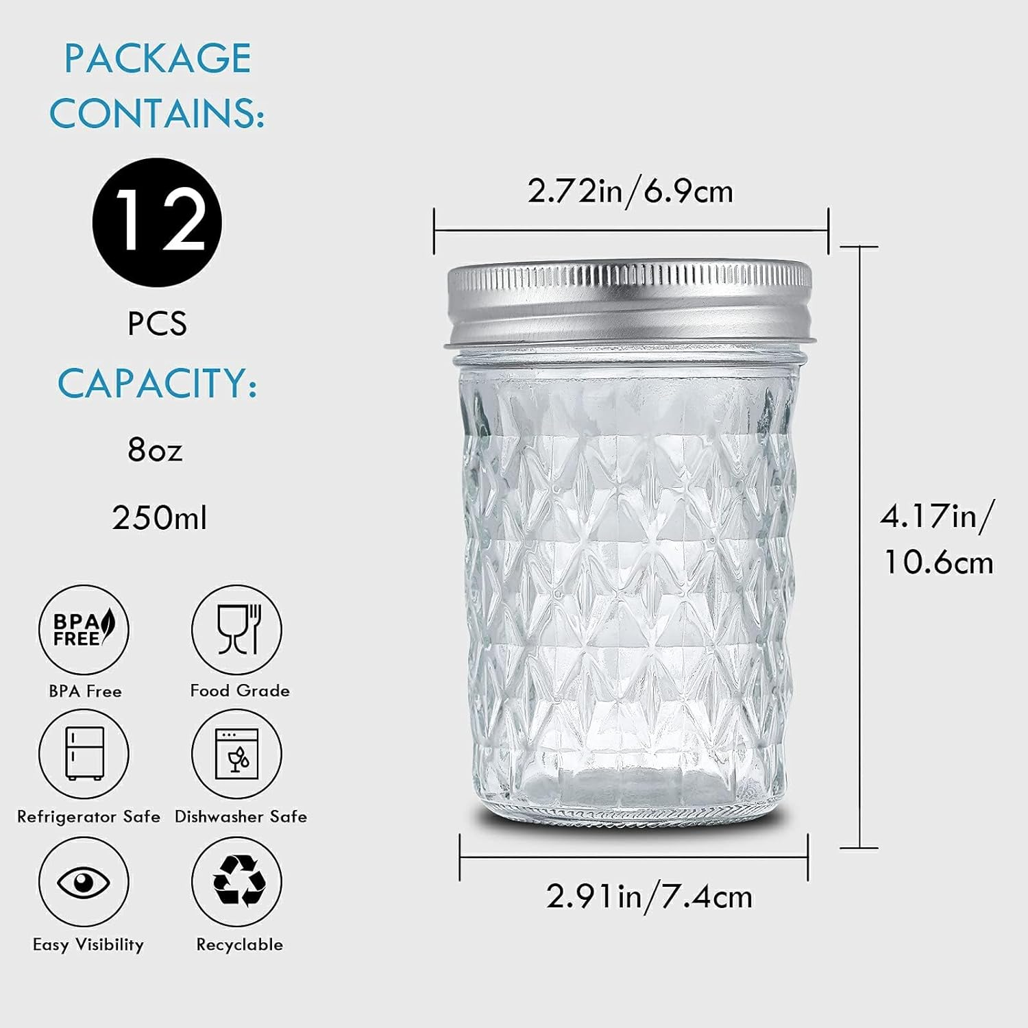 12 Pack 250Ml Mason Jars with Airtight Lids and Bands Glass Canning Jars Ideal for Preserving, Jam, Honey, Jelly, Wedding Favors, Shower Favors, Sauces, DIY Spice Jars, Salad image number 6
