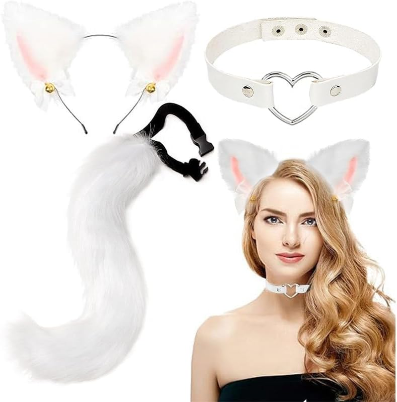 Faux Fur Fox Tail Cat Wolf Cosplay Costume Set, Cats Ear Headbands Tail Cats Paw Glove Leather Neck Chocker Set Halloween Christmas Party Animal Role Play Accessories (White)