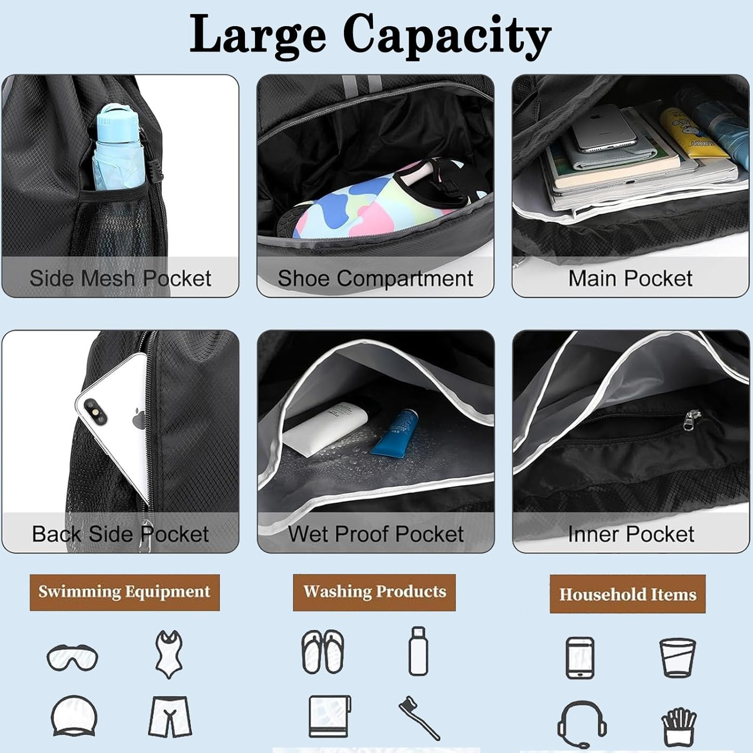 Sports Drawstring Backpack - String Swim Gym Bag for Women Men (Zipper/Shoe Compartment/Wet Pocket/Mesh/Water Resistant) Lightweight String Bag for Travel Soccer Swim, Black image number 3