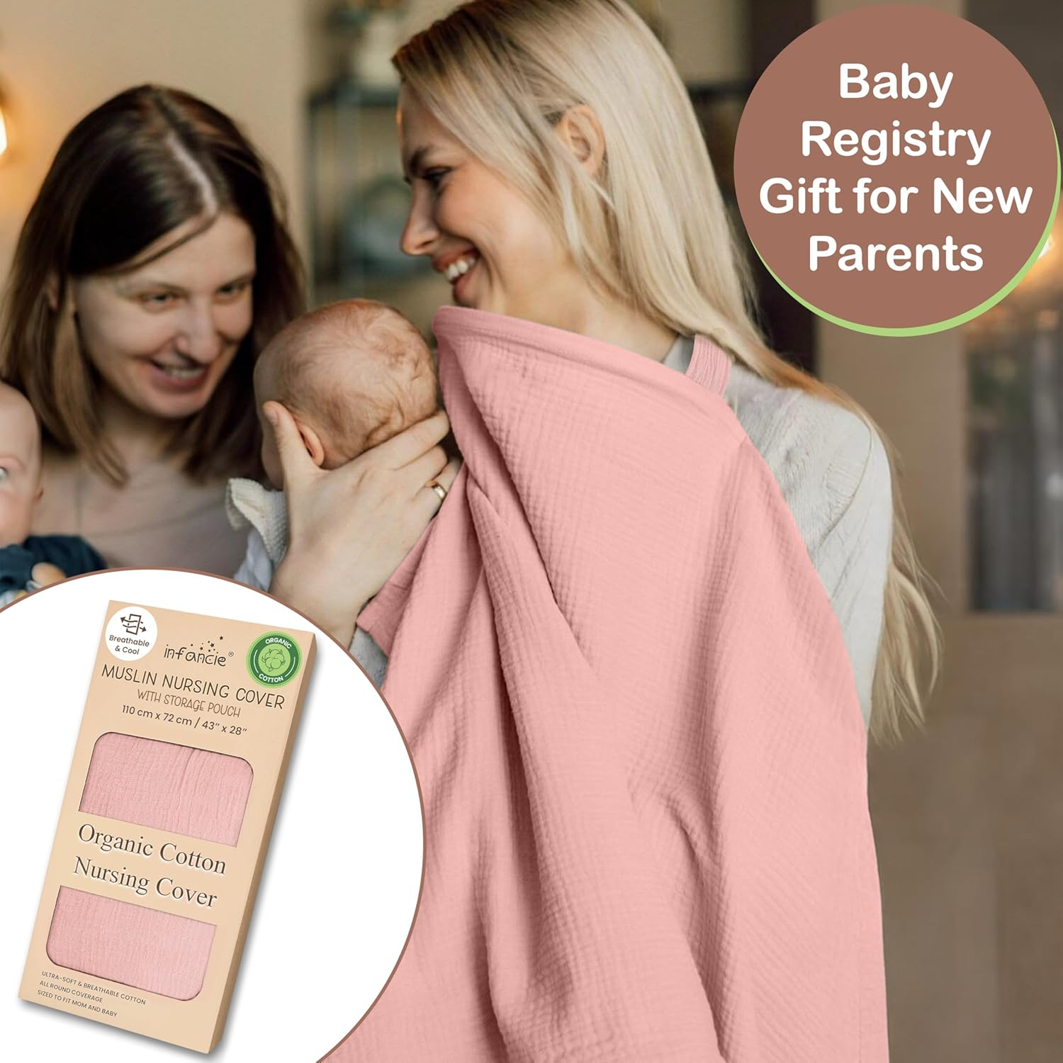 Organic Cotton Nursing Cover - 109 X 71 CM Breathable Muslin Breastfeeding Cover, Multi-Purpose for Women (Pink)