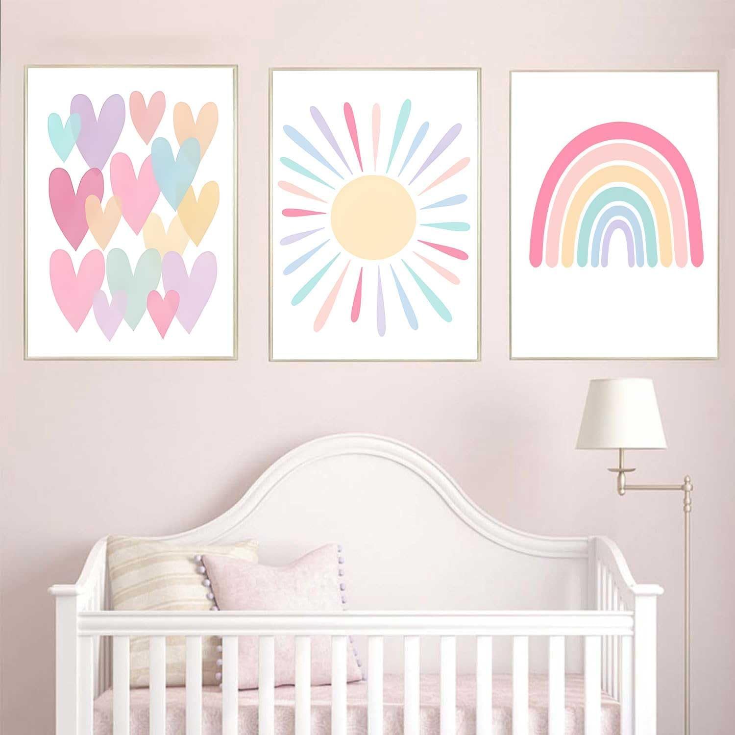 3Pcs Pink Nursery Canvas Wall Art Pastel Rainbow Sun Hearts Posters Prints Boho Pink Sunshine Painting Wall Decor Pictures for Toddler Girls Baby Kids Room Decoration, Unframed 12X16In image number 5