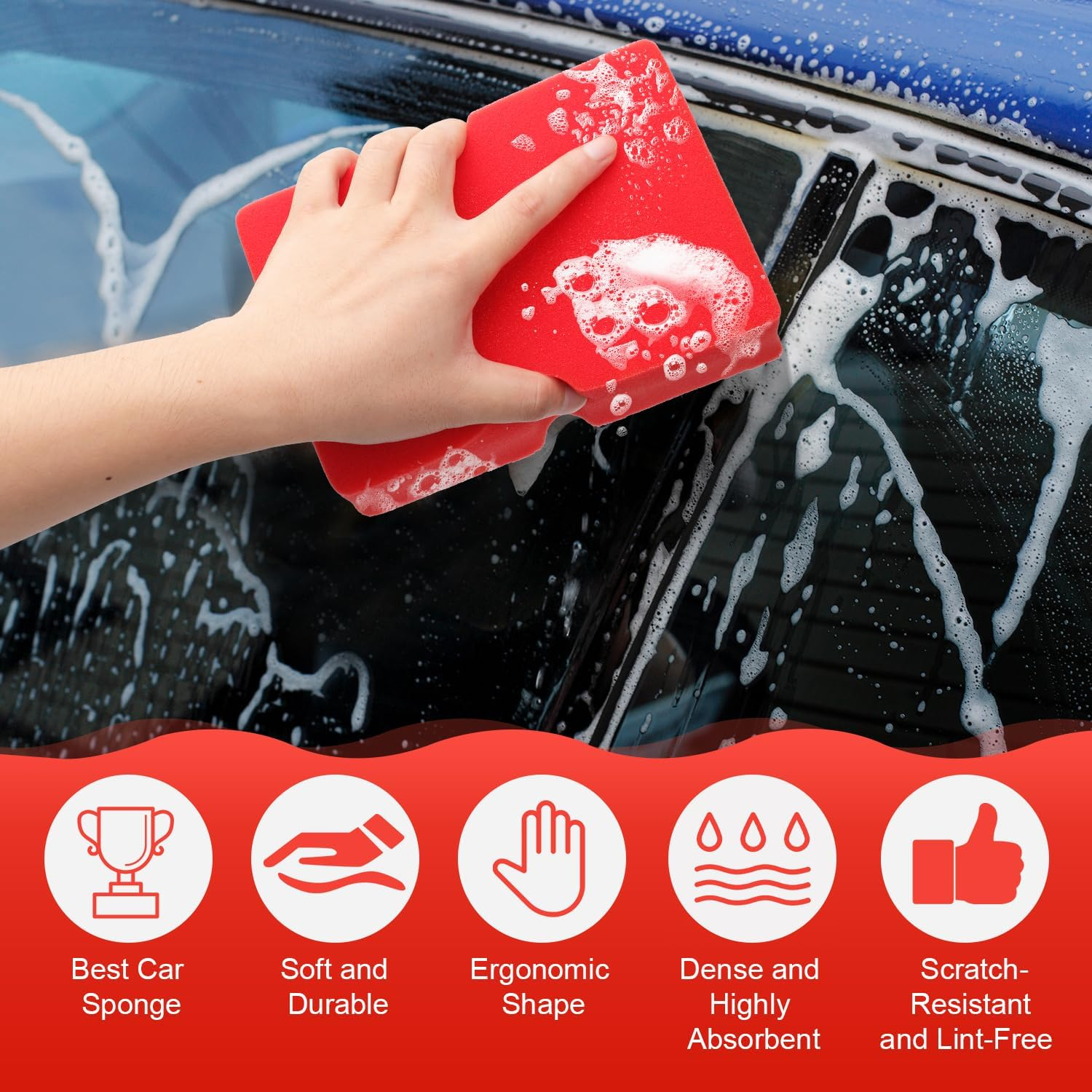 Car Wash Sponge, Non Scratch Car Sponges Soft Rinseless Foam Sponge for Detail Car Washing Cleaning (Red) image number 3