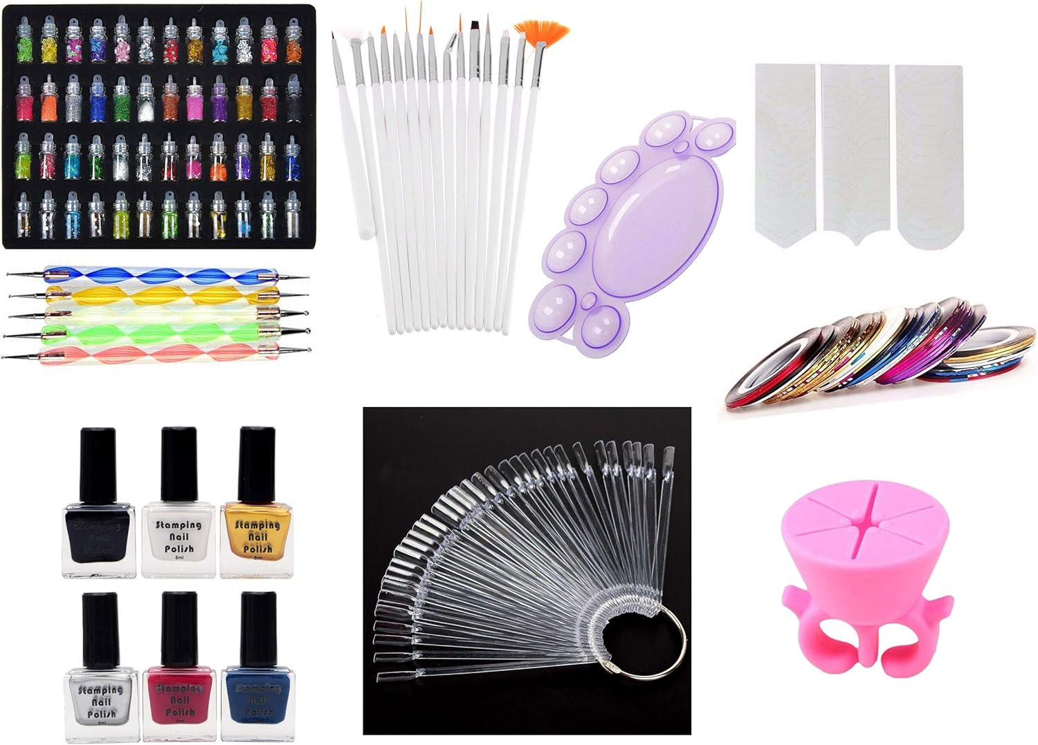 Store2508 Nail Art Kit with Nail Art Brush, Nail Dotting Tools, Special Nail Art Stamping Polishes, 3D Nail Glitter Bottles, Nail Practise Wheel Swatches & More, Multicolour image number 3