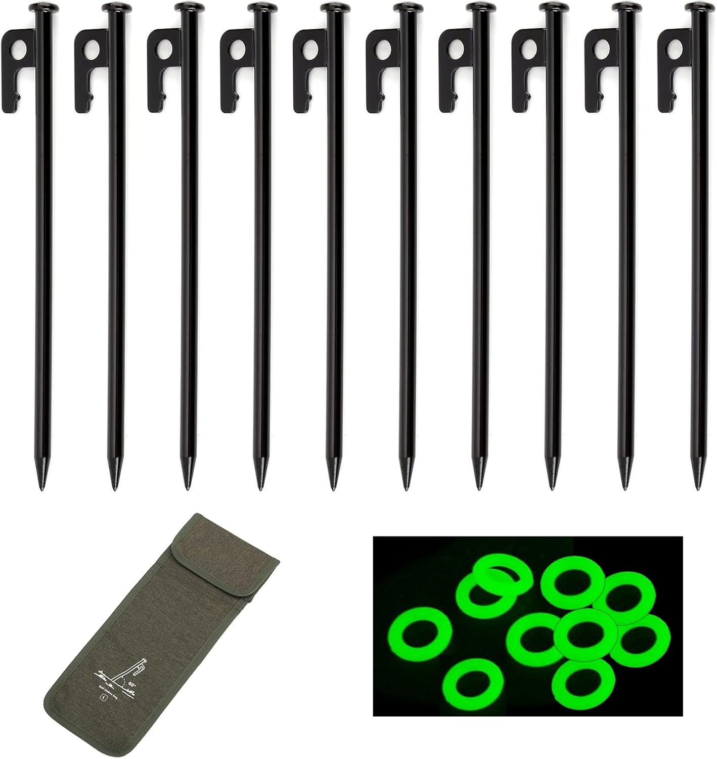 21 Pcs 25Cm Carbon Steel Tent Stakes Kit- 10 Heavy Duty Metal Tent Pegs W/ 10 Glow Rings & 1 Storage Bag-Camping Stake Peg Accessories,Durable Ground Anchors for Yard Outdoor Canopy Tarp image number 1