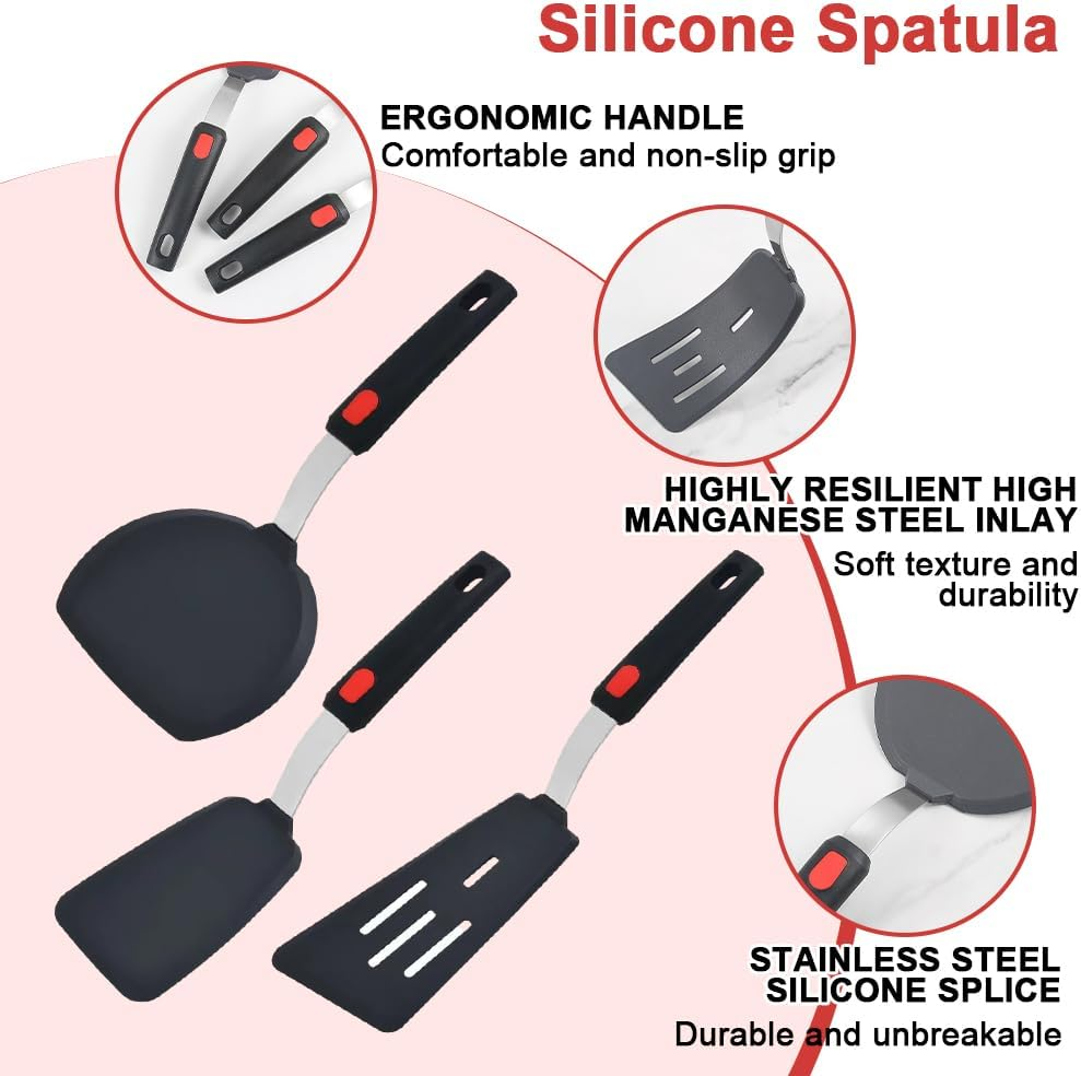 Large Silicone Spatula Turner Set of 3,Silicone Turner Spatula,Silicone Spatula for Cooking,Non-Stick,Heat Resistant, Easy to Clean, BPA Free Rubber Spatula for Egg, Pancake, Fish, Burger (Black)