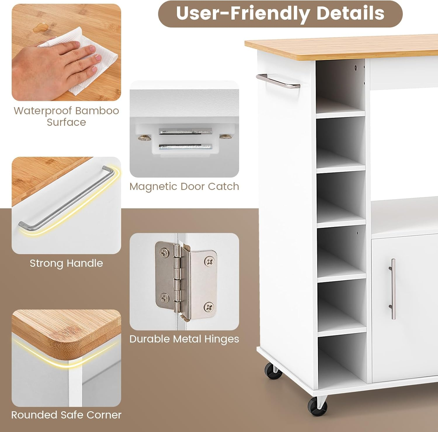 Giantex Kitchen Island with Storage, Rolling Kitchen Cart with Towel Rack, Storage Cart on Wheels W/Bamboo Top, 6-Bottle Wine Rack, Spice Rack for Dining Room, White image number 2