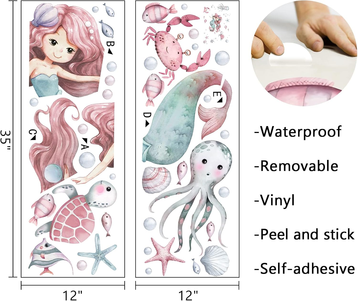 Mfault Mermaid under the Sea Wall Decals Stickers, Baby Girls Ocean Creatures Nursery Decoration Bedroom Playroom Art, Coastal Beach Octopus Turtles Shell Bubble Fish Kids Room Bathroom Home Decor