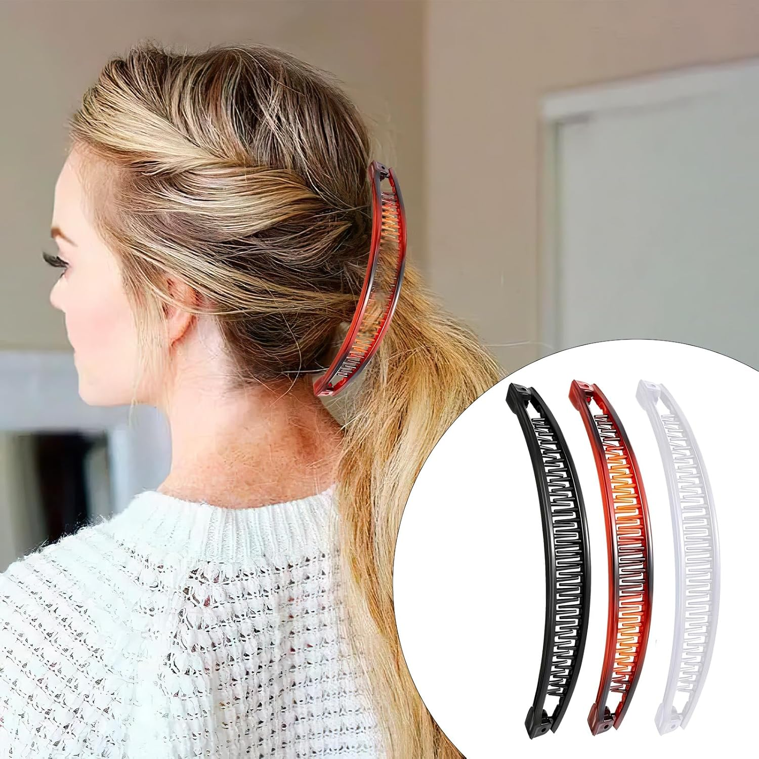 Pack of 3 Banana Clip Hair, Banana Clip Vintage, Large Banana Hair Clip, Banana Hair Clips, Women'S Thin Hairstyle, Ponytail Holder, Banana Clip Hair Accessory for Women (Black, Brown, White) image number 4