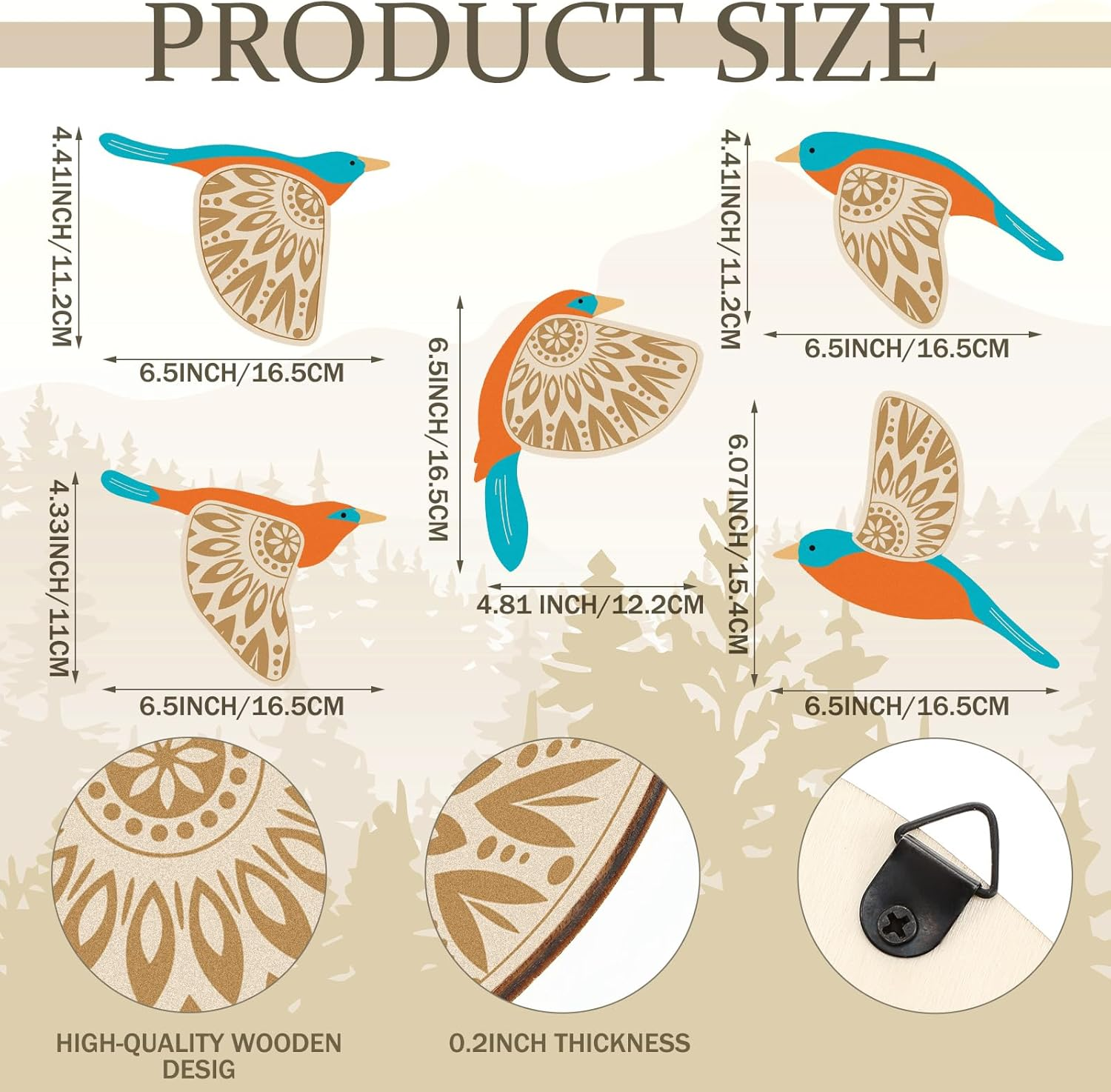 Barydat 5 Pcs Wooden Bird Wall Art Wood Flying Birds Wall Decor Rustic Folk Art Scandinavian Home Decor for Gift Living Room Bedroom Kitchen Office(Teal) image number 3