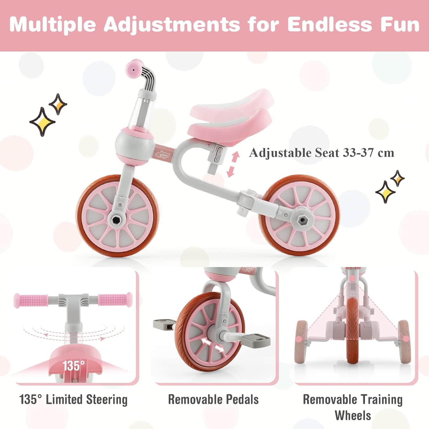 HONEY JOY 4-In-1 Toddler Tricycle, Kids Training Balance Bike W/Adjustable Parent Handle, 2-Level Seat Height & Reversible Handlebar, Push Trike for Toddlers 3-4 Years Old (Pink) image number 1
