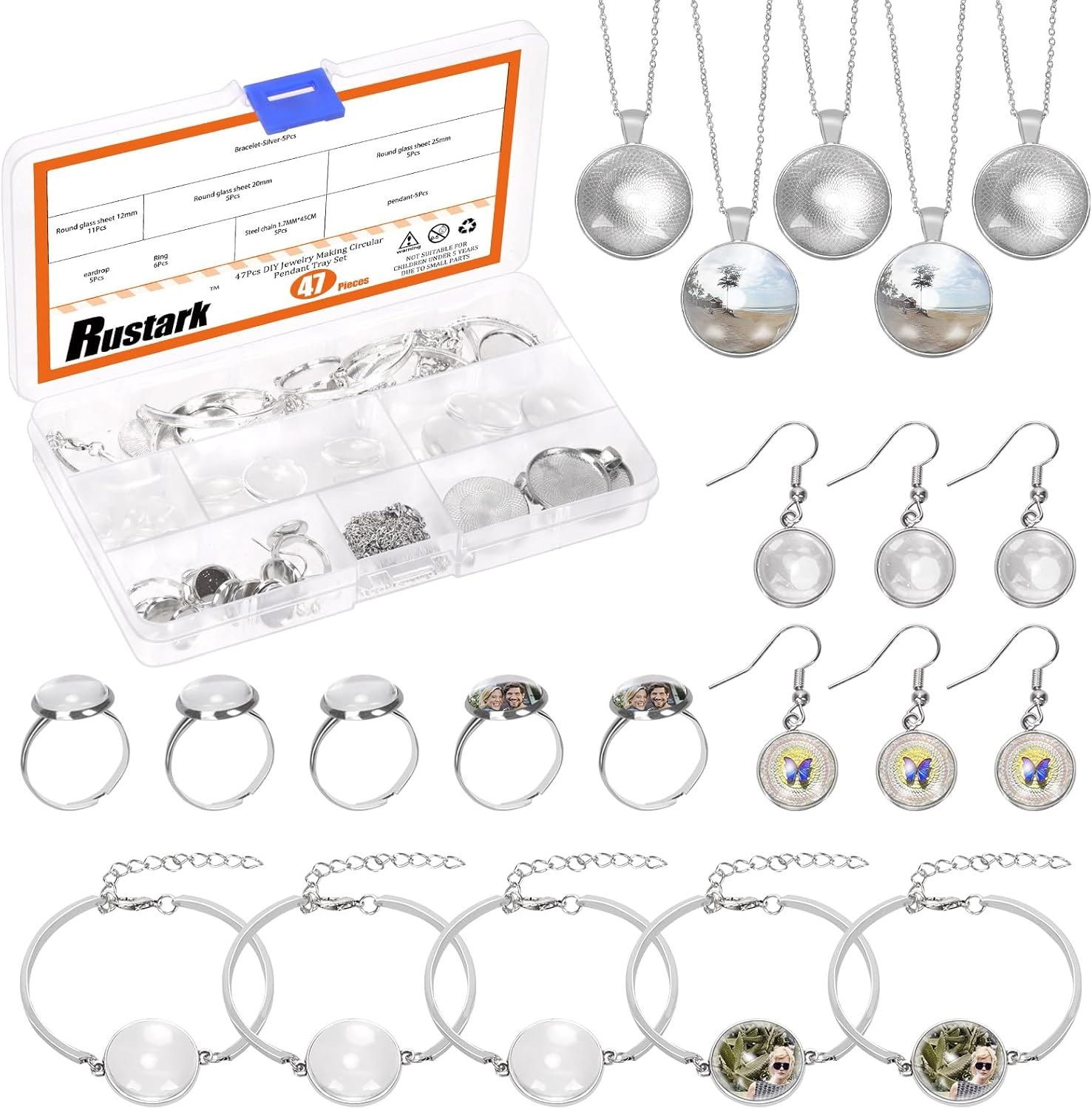 Rustark 100Pcs 5 Styles Pendant Trays Assortment Kit round Pendants Trays Set with Clear Glass Cabochon for Jewelry Making Crafting DIY Making