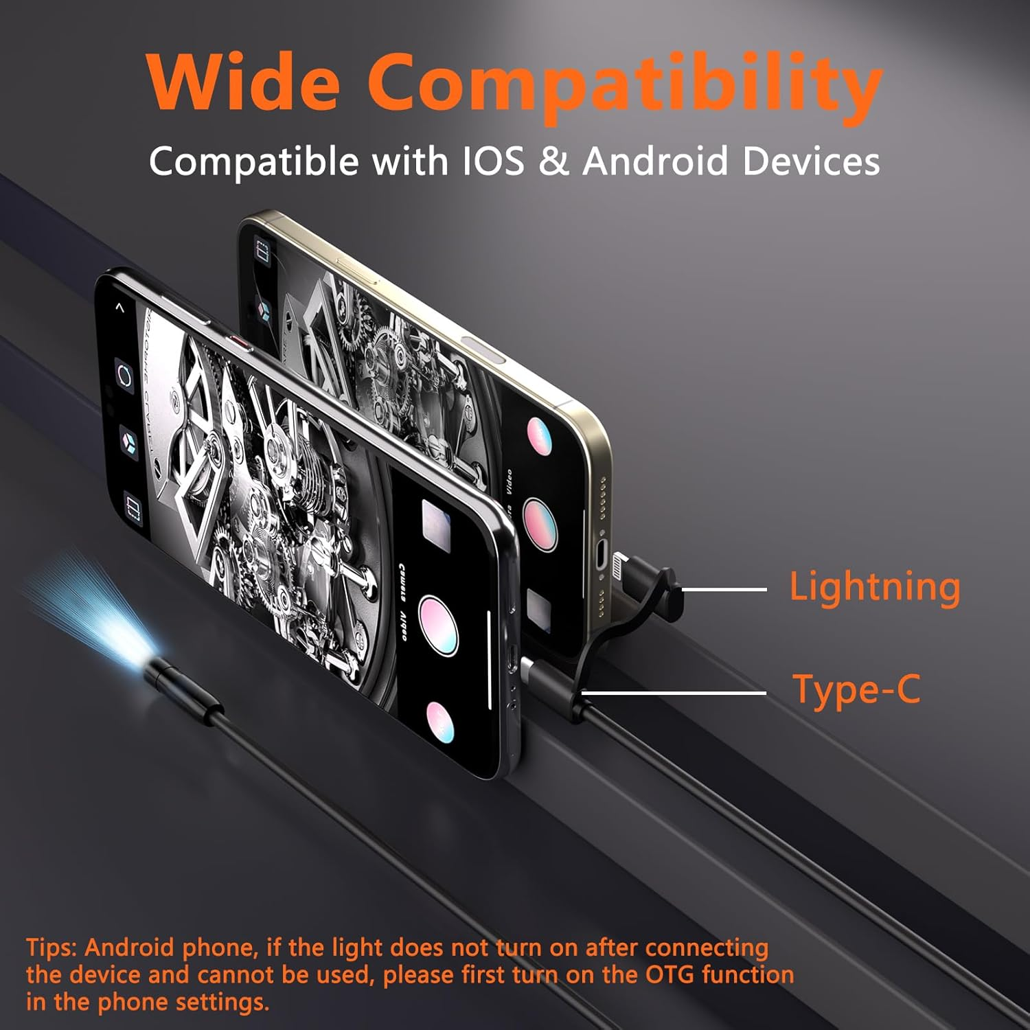 Endoscope Camera with Light, 1920P HD Endoscope with 8 Adjustable LED Lights, 16.4Ft Semi-Rigid Cable, 8Mm Probe IP67 Waterproof Inspection Camera for Android & Ios Devices image number 4