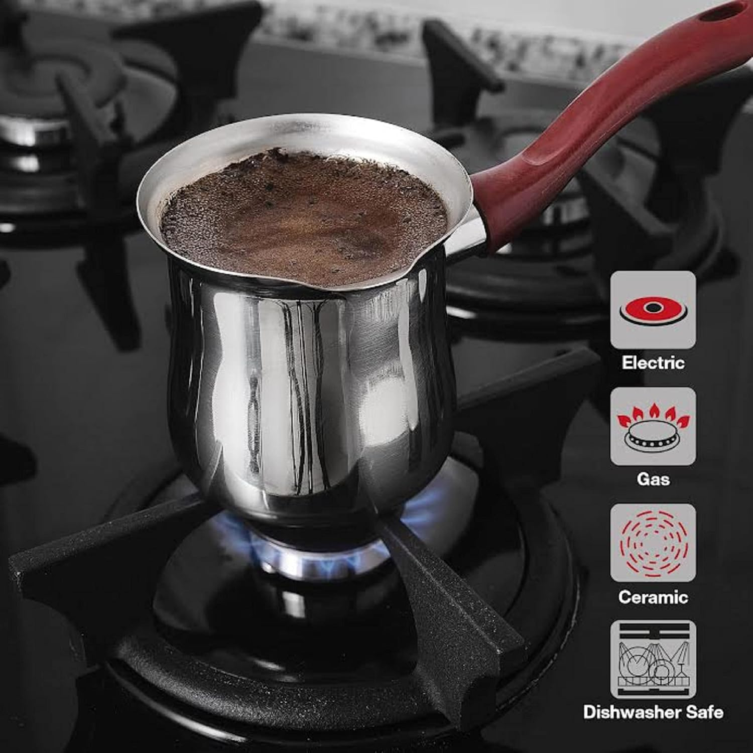 DESTALYA Turkish Coffee Pot Stainless Steel | Ibrik Cezve Briki Arabic Greek Pot, Butter Chocolate Milk Warmer, Sauce Maker | Small Hot Pot with Spout for Stove Top (Coffee Pot Red) image number 3