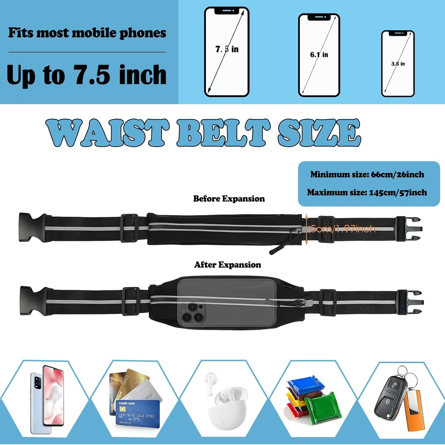 Running Belt Fanny Pack for Women Men, Adjustable Reflective Phone Holder Runners Waist Pouch for Sports & Fitness, Waterproof, Headphone Wire Hole, Sports Belt Money Belt Running for Phone image number 5