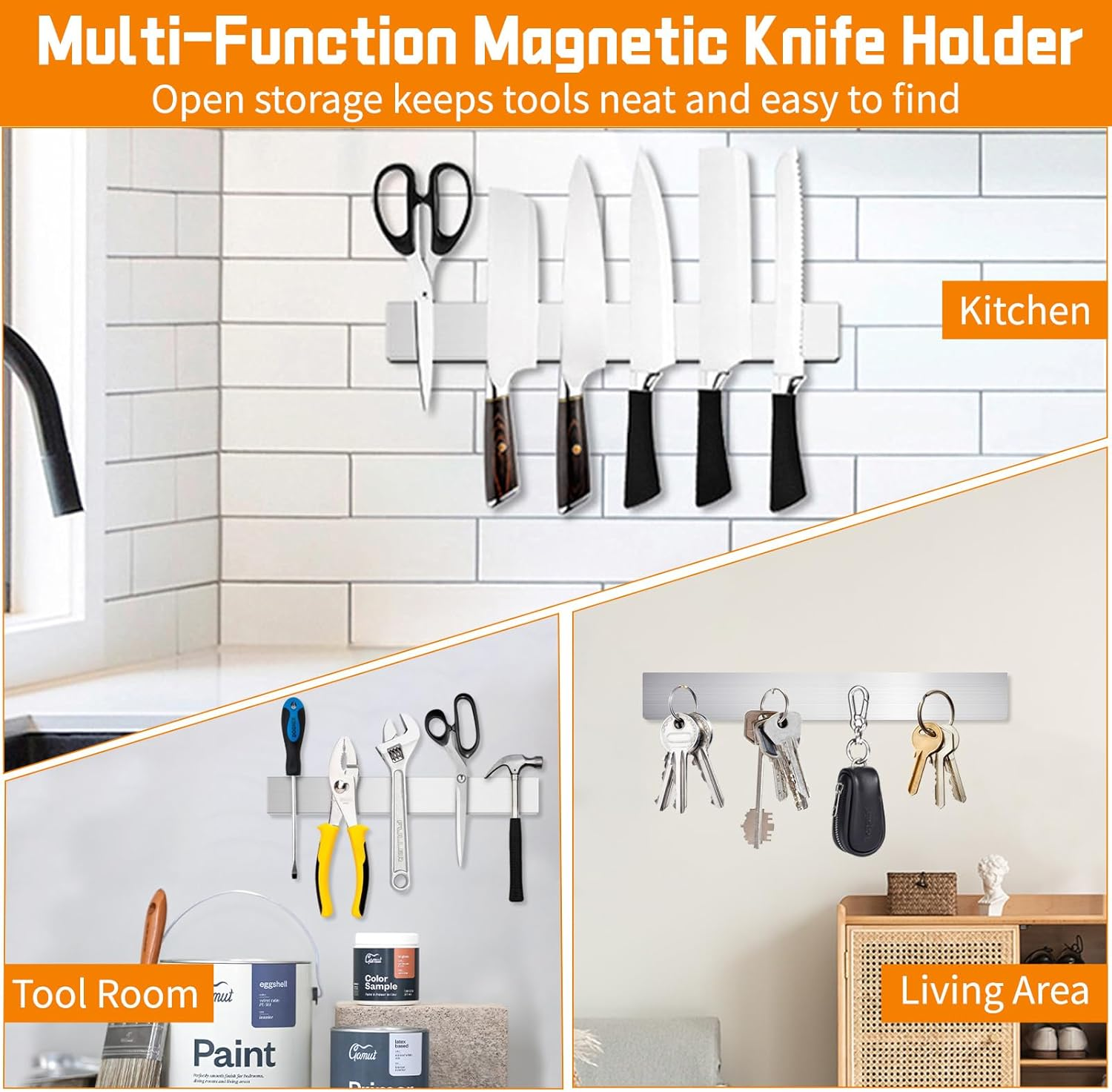Magnetic Knife Holder for Wall 40Cm(16 Inch), Secure Easy Access Storage Stainless Steel Knives Rack, Strong Self Adhesive 3M Tape Strip Perfect for Kitchen or Garage Utensils Tools
