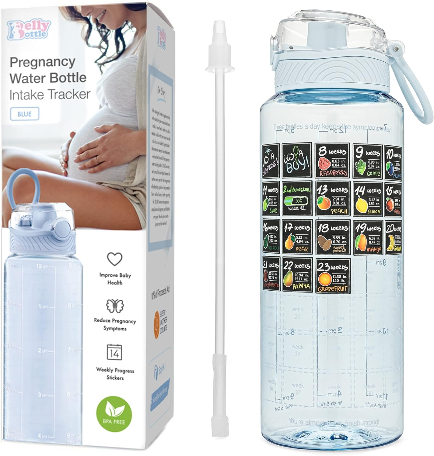 Bellybottle Pregnancy Water Bottle Tracker &ndash; Pregnancy Must Haves First Trimester &ndash; Pregnancy Gifts for Expecting Mom &ndash; Pregnancy Essentials Nausea Relief &ndash; Weekly Stickers + Straw + BPA Free &ndash; Tidye