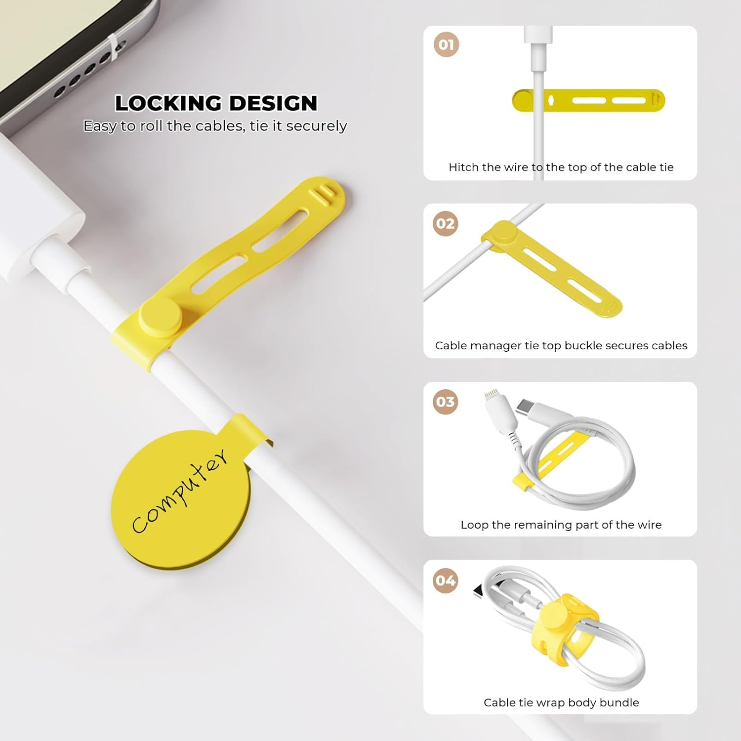 36-Pack Silicone Cable Ties and Cable Labels Sets, 24 Silicone Cord Ties+12 Identification Cord Labels，Reusable Wire Tie and Wire Tags for Cable Management image number 2