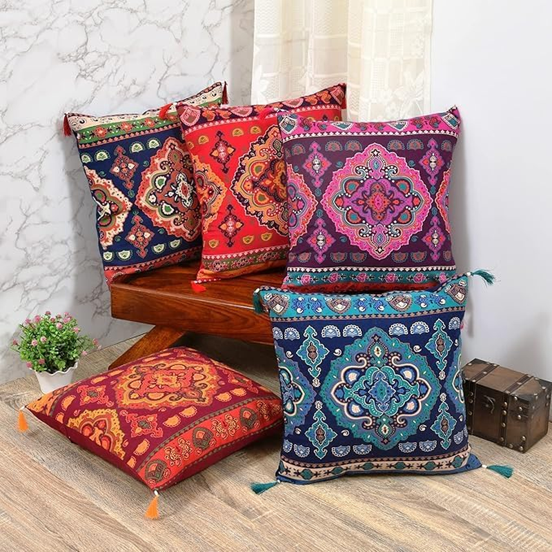 Flying Trade Indian Ethnic Bohemian Set of 5 Decorative White Base Colorful Square for Sofa Set Home Decorative Design Boho Throw Pillow Case Cotton Cushion Cover (Quilted Cotton, 16X16)