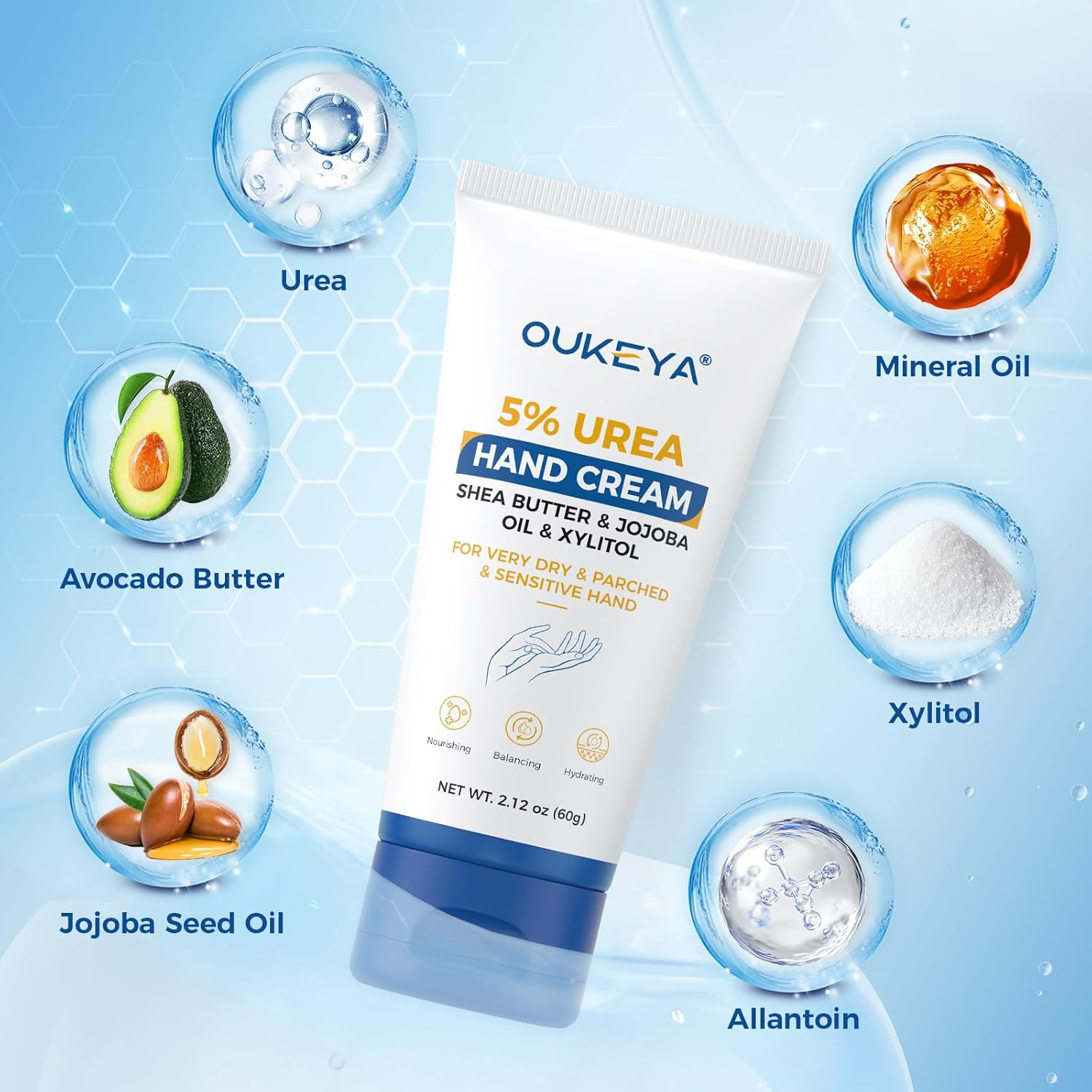 OUKEYA Urea Hand Cream with 5% Urea for Extremely Dry, Rough Hands, Deep Moisturiser & Fast-Absorbing, Perfect Travel Size for On-The-Go Care 60G