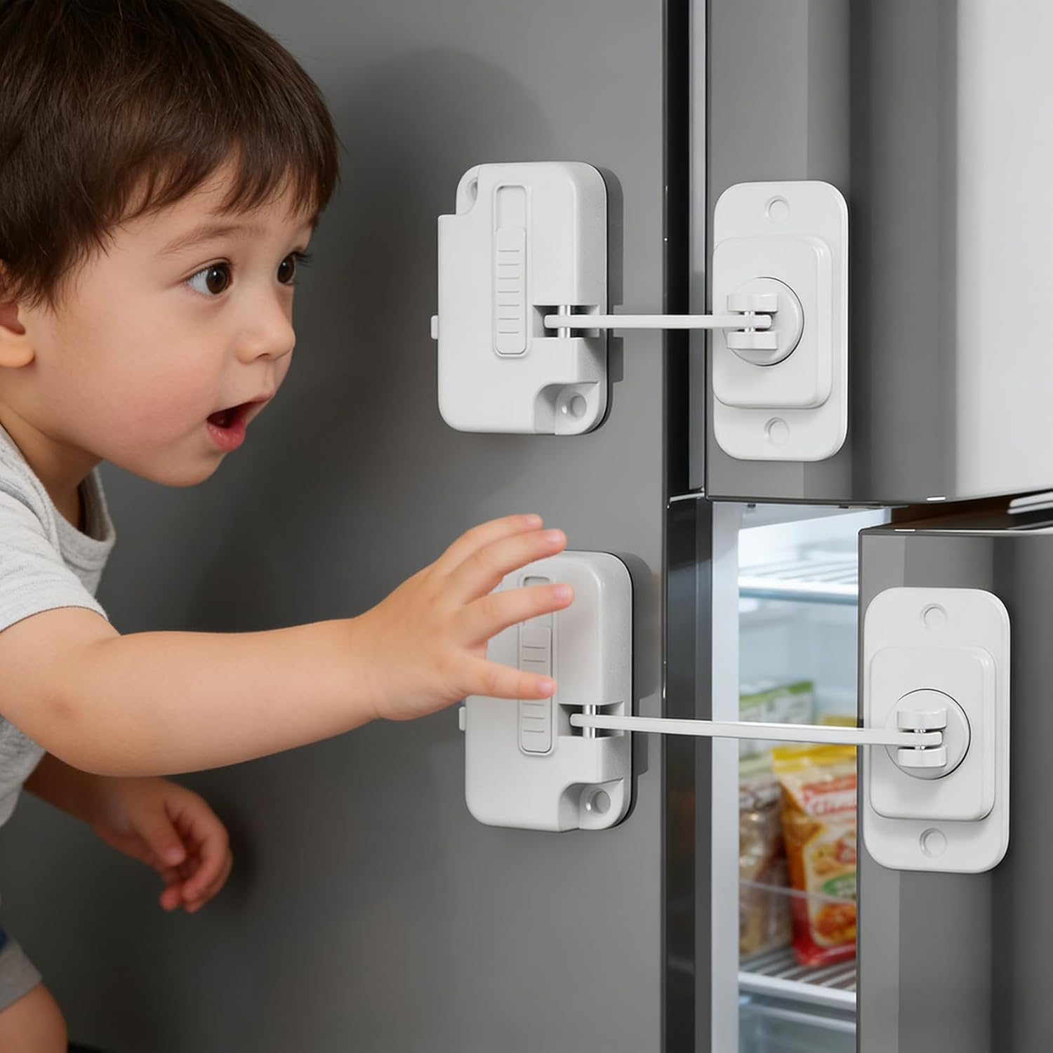 Refrigerator Lock, 2 Pack, Press & Slide Baby Proof Locks with Adhesive & Screws for Fridge Oven Window Cabinet