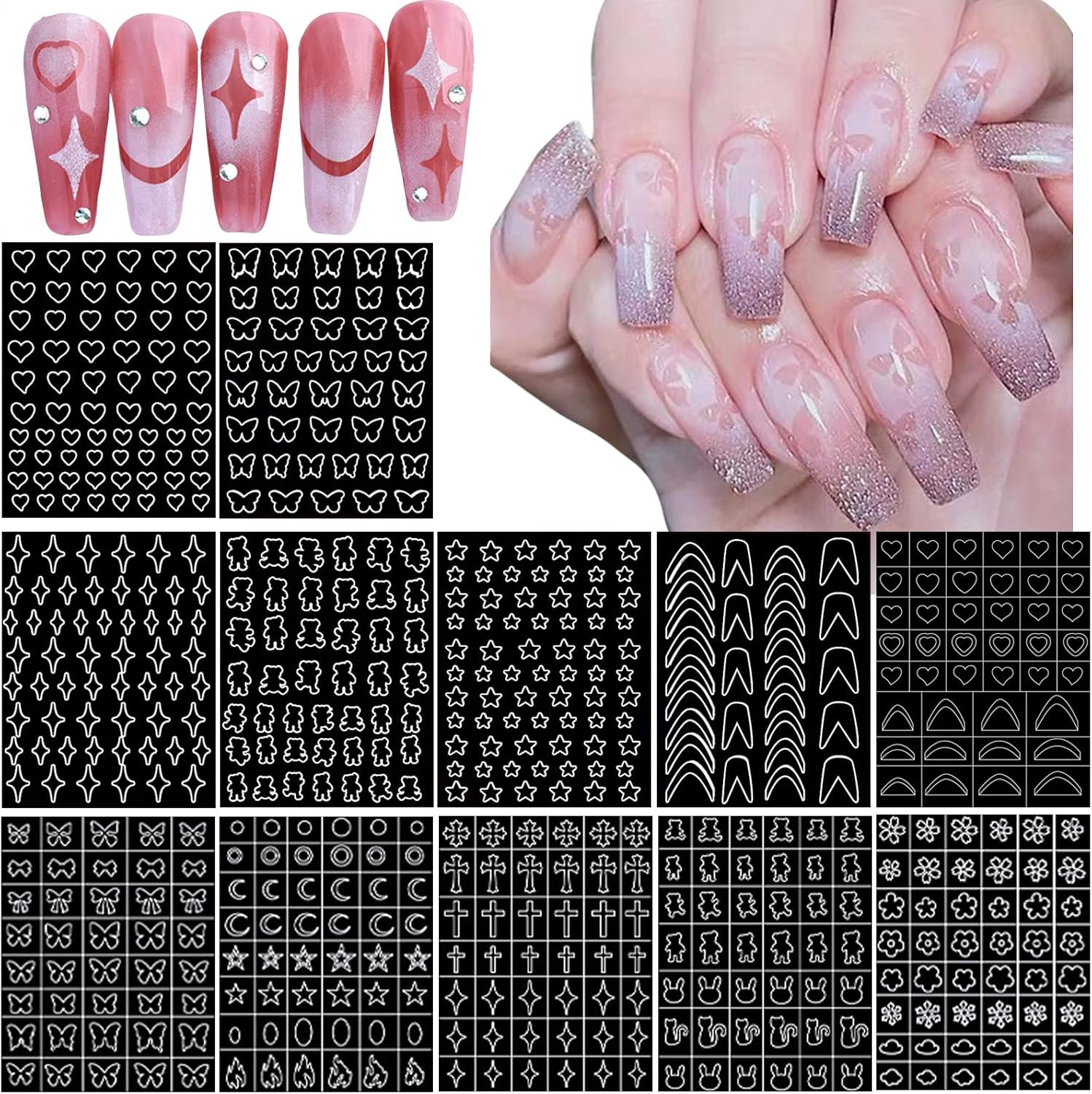 12 Sheets Airbrush Nail Stickers Nail Stencils,Hoinco Butterfly Flower Moon Star Heart Cross French Nail Decals Printing Template Stencil Tool DIY Nail Art Decorations image number 2