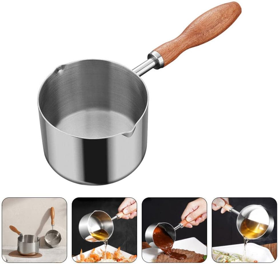 Alipis Stainless Steel Sauce Pan with Pour Spout, 300Ml Small Pasta Pot Wood Handle Cooking Pot Mini Butter Warmer Saucepan Milk Pot Wax Melting Pot Measuring Cup image number 6