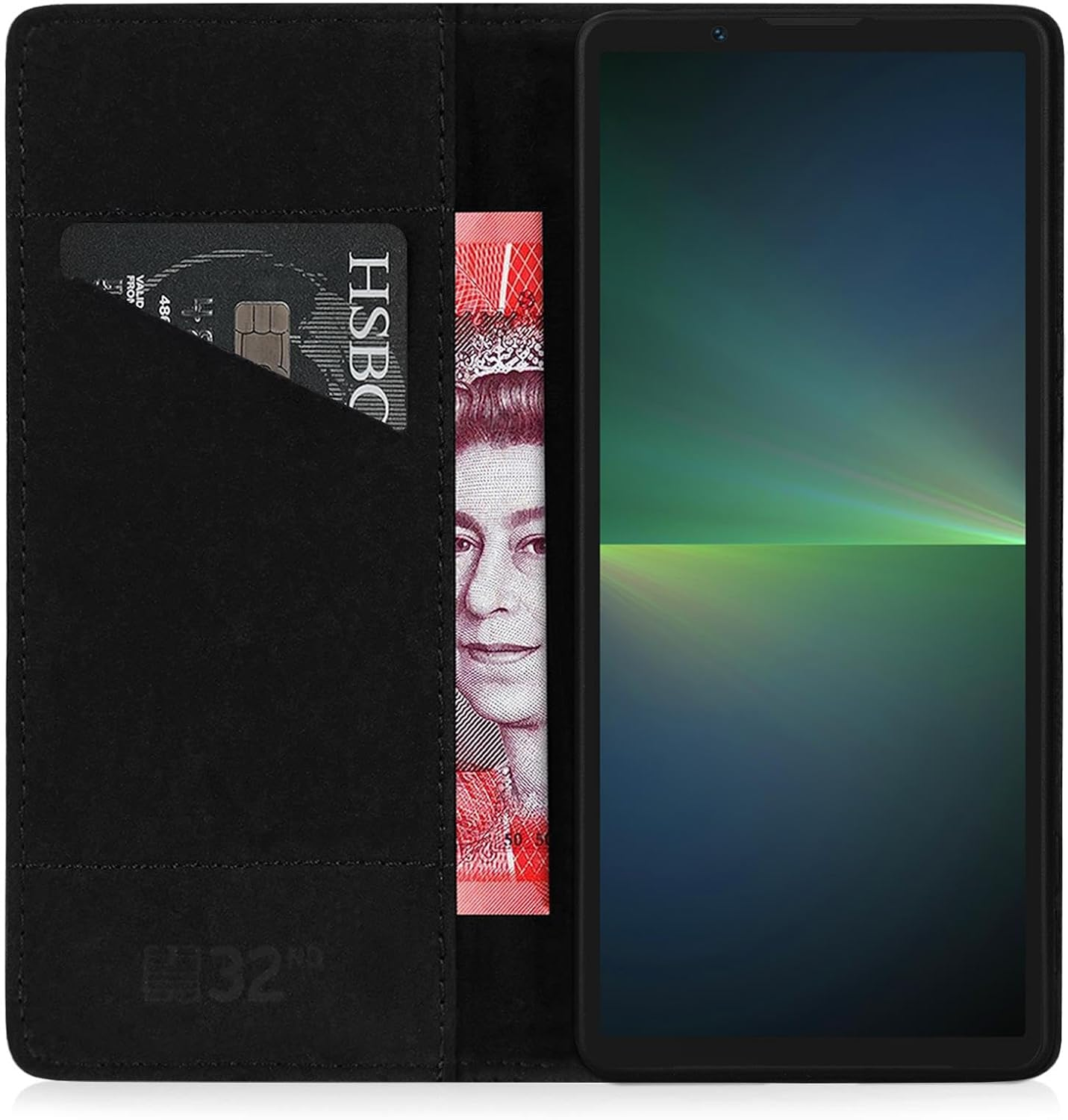 32Nd Classic Series 2.0 - Real Leather Book Wallet Flip Case Cover for Sony Xperia 5 V (2023), with RFID Blocking Card Slot, Magnetic Closure and Built in Stand - Black image number 1