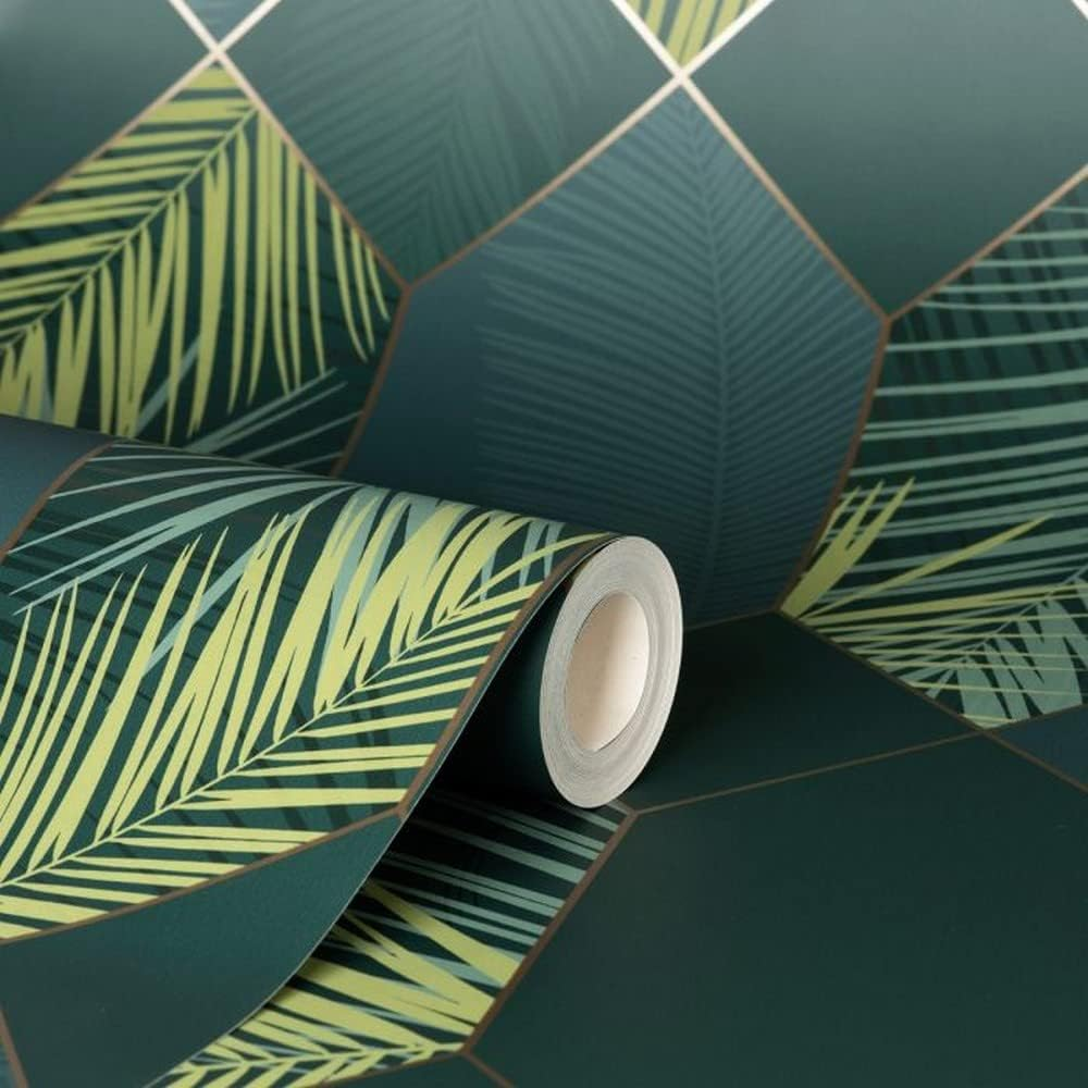 Miami Geometric Leaf Wallpaper Emerald/Gold Fine Decor FD42836 image number 1