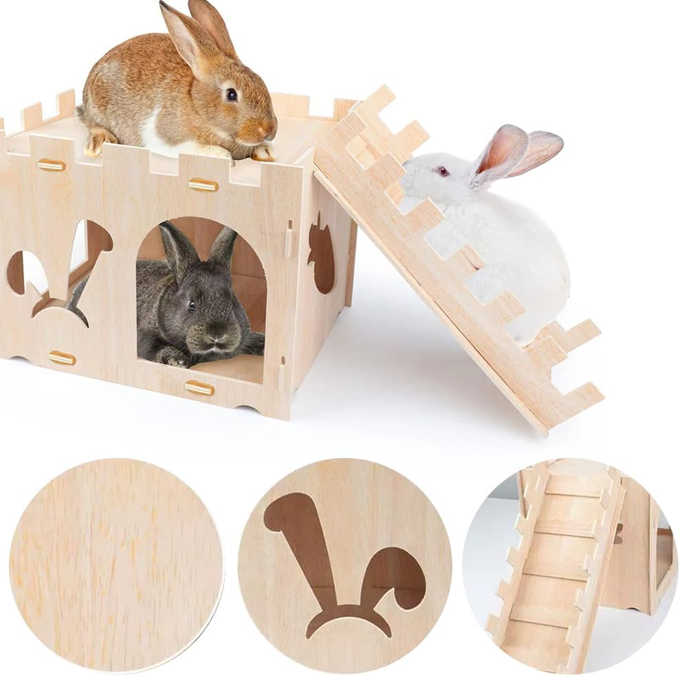 Natural Wooden Rabbit Hutch House with Ladder - Durable & Safe Mini Pet Shelter for Rabbits, Hamsters, Guinea Pigs - 13.7"X16.5"X13.3" - Minimalist Design image number 6