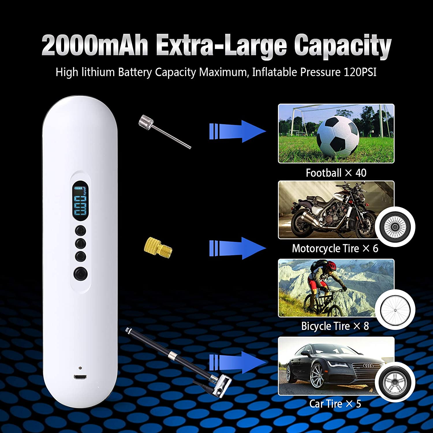 Protable Air Compressor Rechargeable Electric Air Pump Mini Air Inflator Hand Held Pump 120PSI 2000Mah with Digital LCD LED Light 12V for Cars, Motorbikes, Balls, Swim Rings and Bicycles image number 5