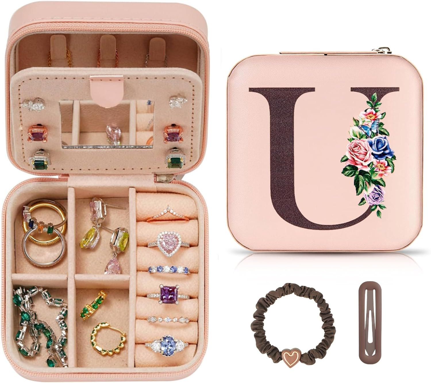 LIAN Travel Jewelry Box Initial Jewelry Case Small Jewelry Case with Mirror Accessories Ring Necklace Earring Jewelry Holder Organizer Birthday Graduation Teen Girl Personalized Gifts(U) image number 5