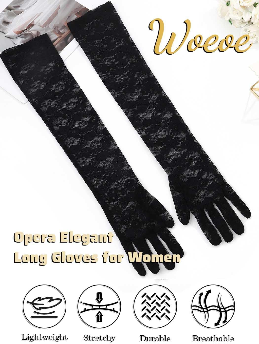 Woeoe Long Lace Gloves Black Tea Party Floral Gloves Elbow Length Cocktail Opera Parties for Women image number 3