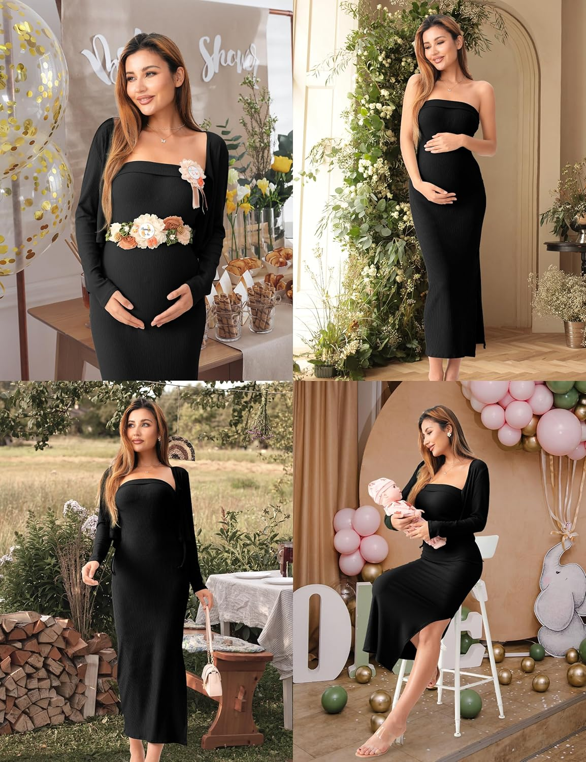 SUNNYBUY Baby Shower Maternity Tube Dress Short Cardigan Bodycon Ribbed Maxi Dress Casual 2 Piece Pregnancy Outfit Set, Black, Xx-Large image number 2