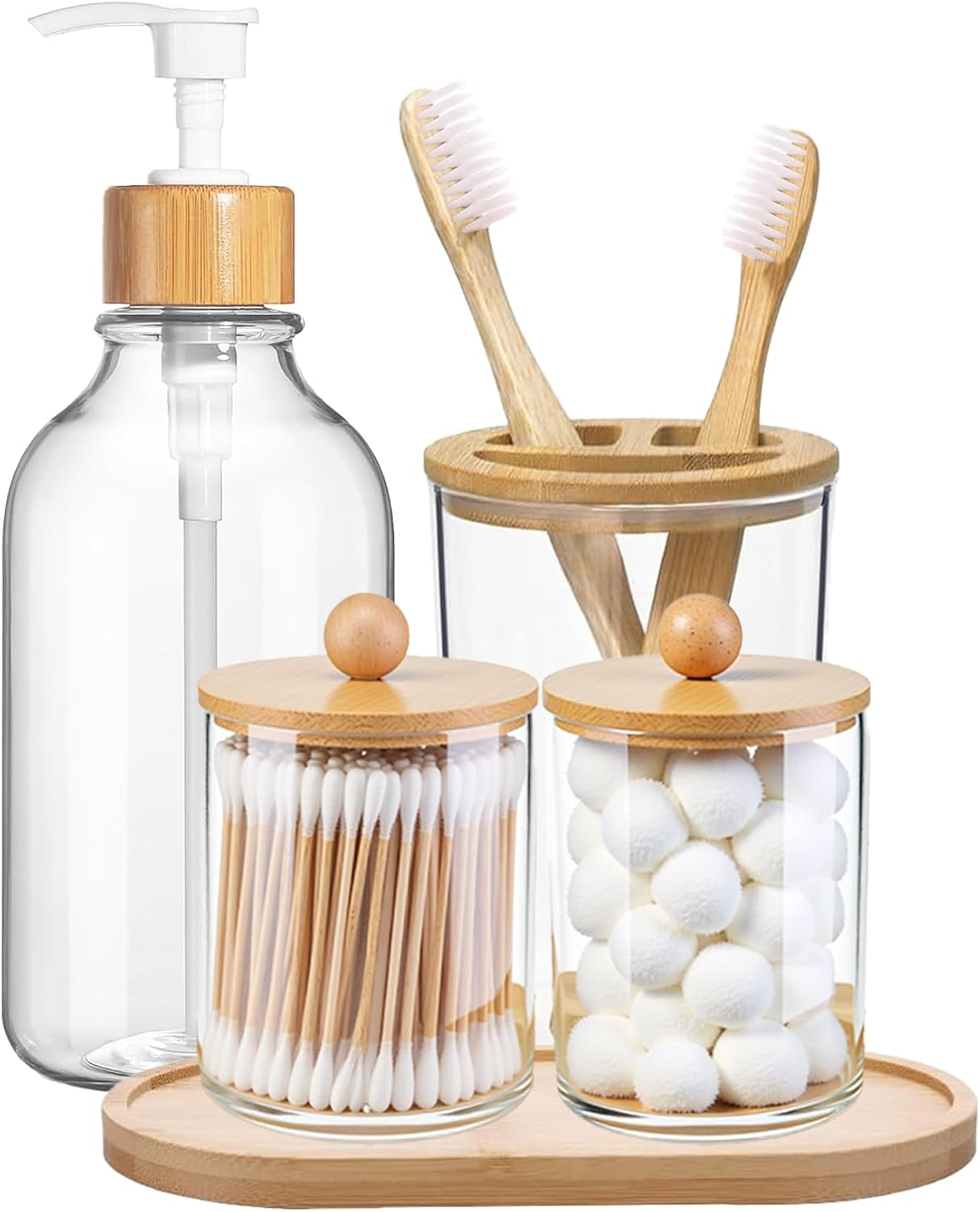 5 Pack Bamboo Bathroom Accessories Set with Tray - Plastic Soap Dispenser Clear Toothbrush Holder and 2 Qtip Holder Cotton Ball Container Jar image number 3