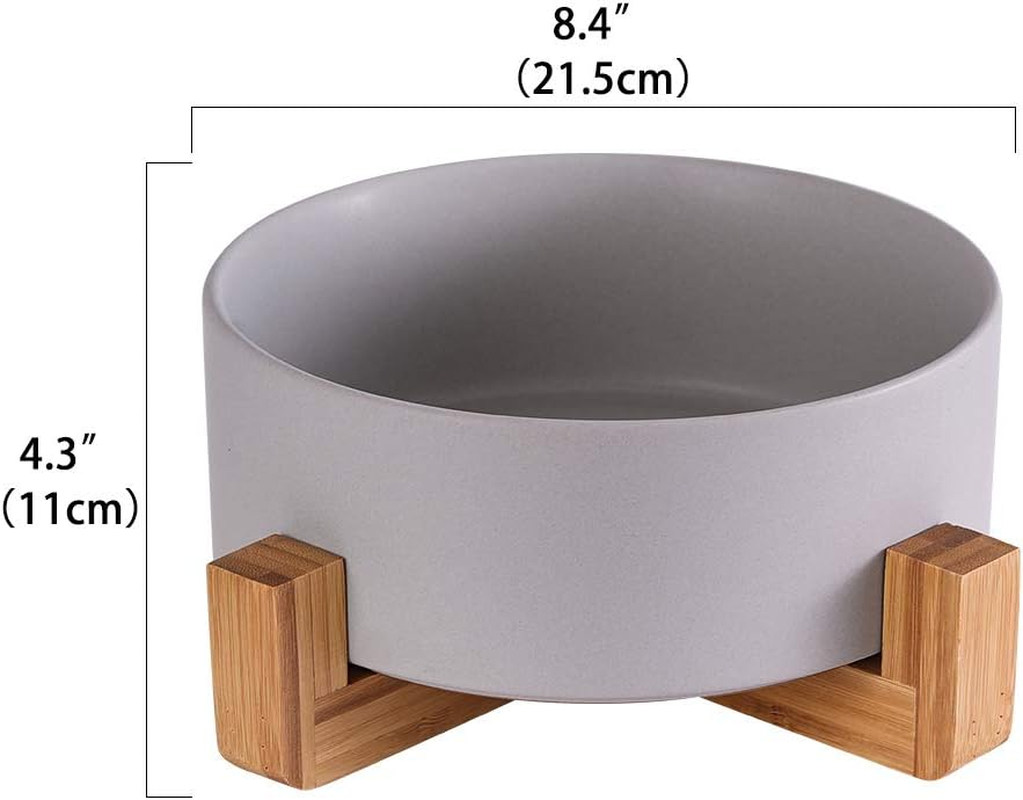 Grey Ceramic Dog Bowls with Wood Stand, Dog Water Bowls and Food Dish, Heavy Weighted or No Tip over Dog Comfort Food Bowls, Stoneware Pet Bowl,Extra High Capacity 8.4" Diameter, for Large Dogs - Grey image number 4