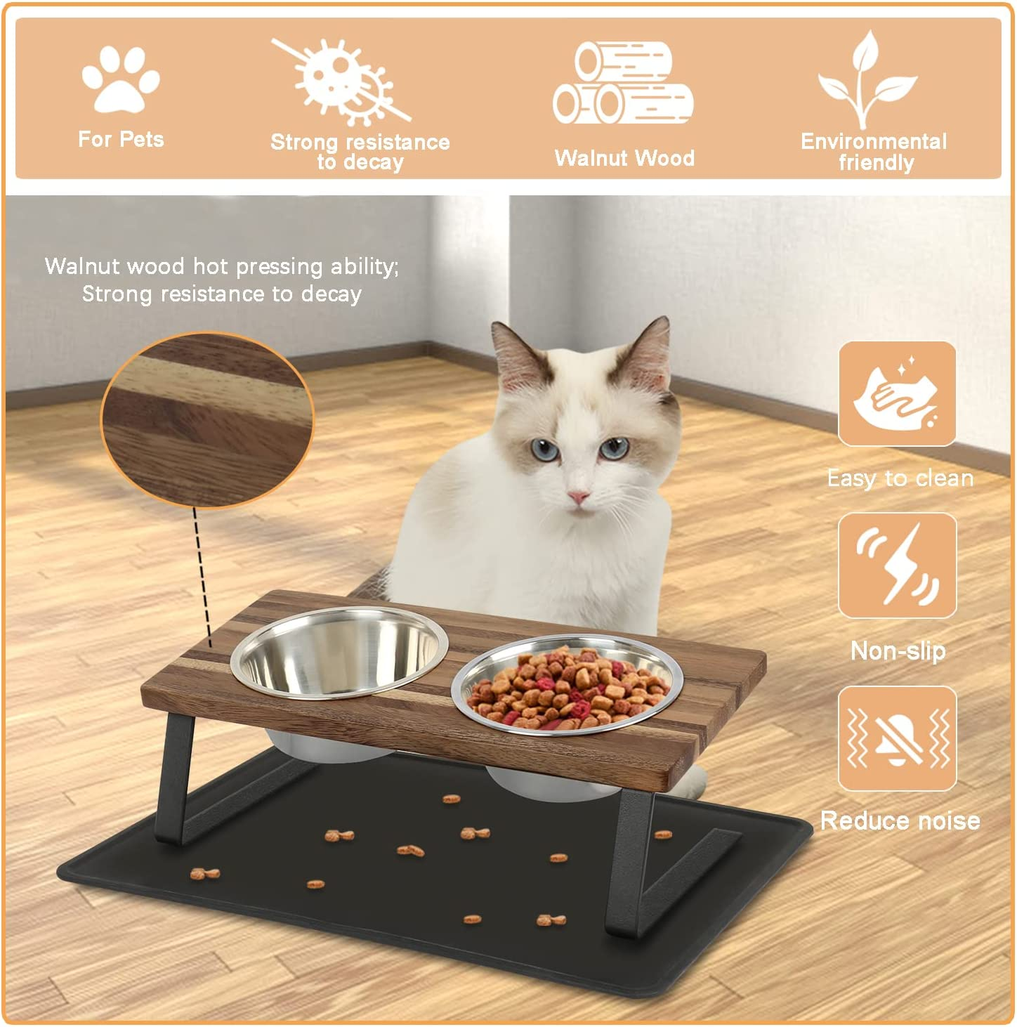 Aivituvin Elevated Dog Bowls, 15&deg;Tilted Raised Cat Food Bowl, Walnut Wood Water Stand Feeder Set for Cats and Puppy, Pet Bowls with anti Slip Mat(Small)