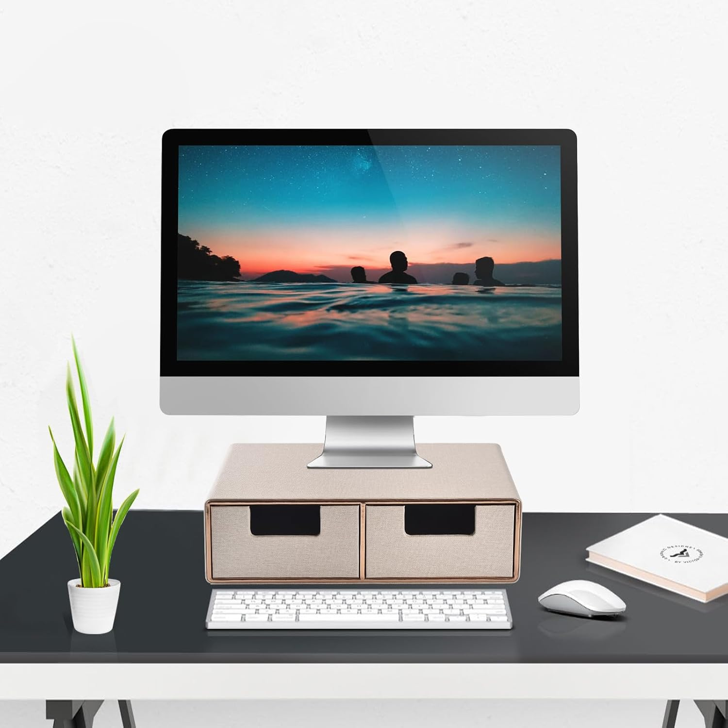 RHCSZ Linen Leather Desk Organizer with Drawers－Mini Desktop Drawer Organizer Stackable－Multifunctional Tabletop Organization Storage Box for Office Supplies Home Vanity Toiletries (Beige, 2-Drawers)