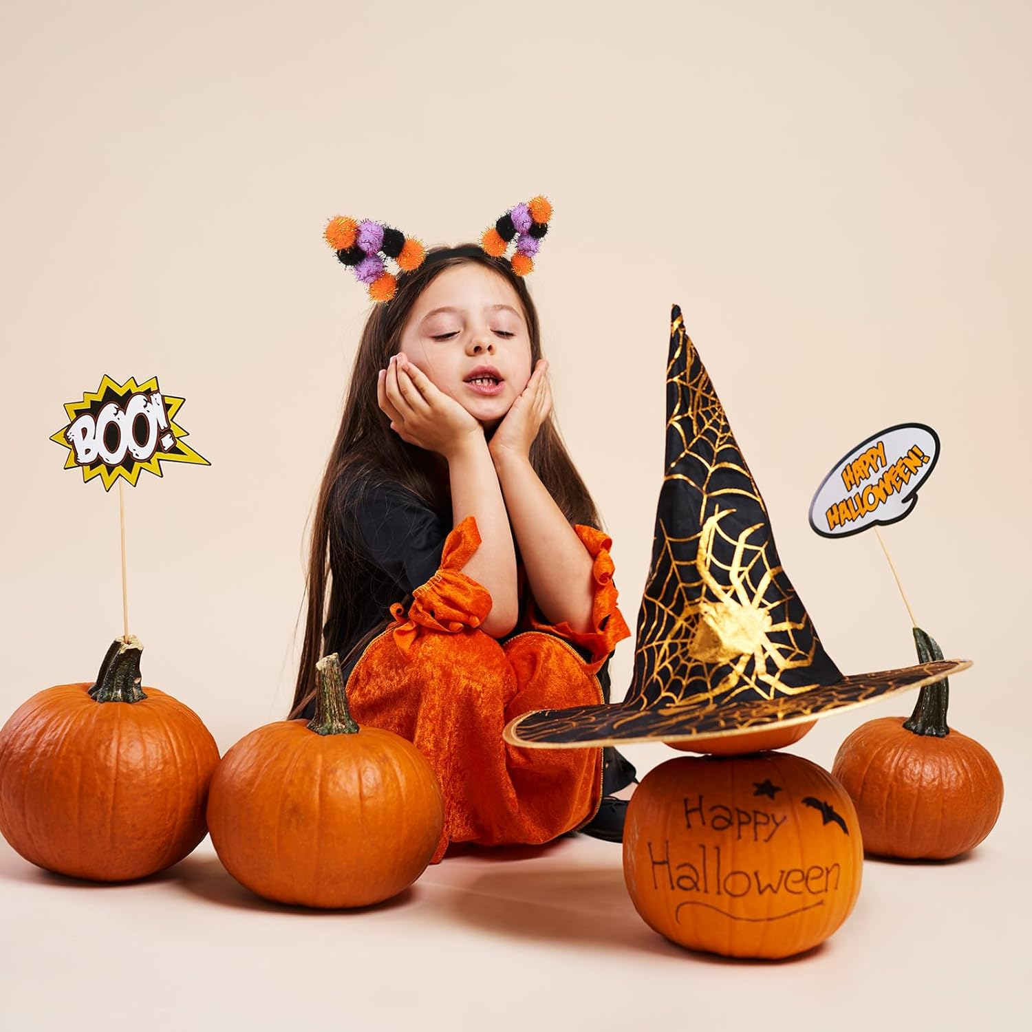 KIUEZIR Halloween Cat Ears Headband for Women - Three-Colour Glitter Pompoms Ears (Black/Purple/Orange) with Soft Headband, Party Accessories for Birthday Cosplay & Costume Parties image number 4