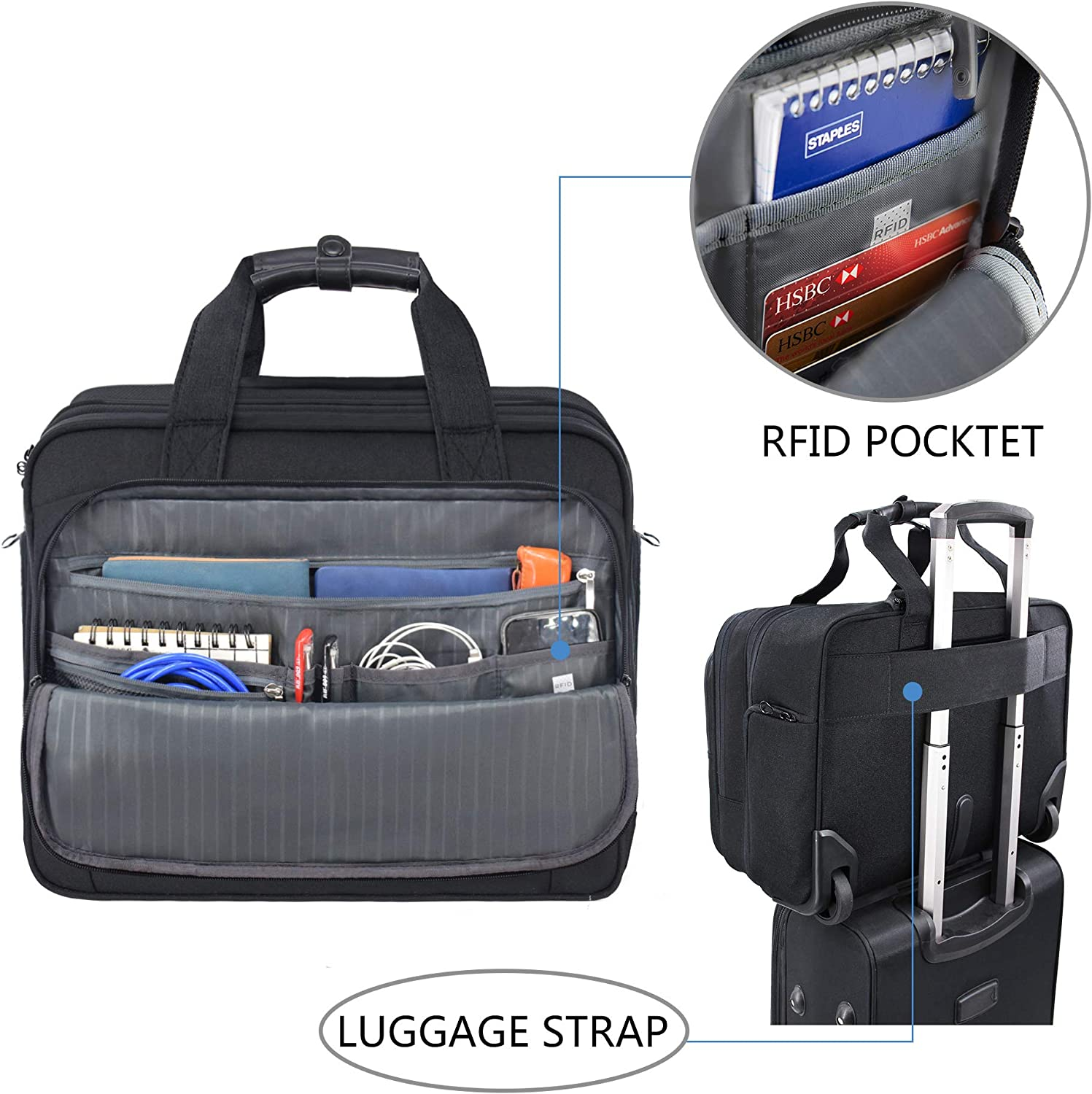 KROSER Rolling Laptop Bag Premium Wheeled Briefcase Fits up to 17.3 Inch Laptop Water-Proof Overnight Roller Case Computer Bag with RFID Pockets for Travel/Business/School/Men/Women-Black image number 1