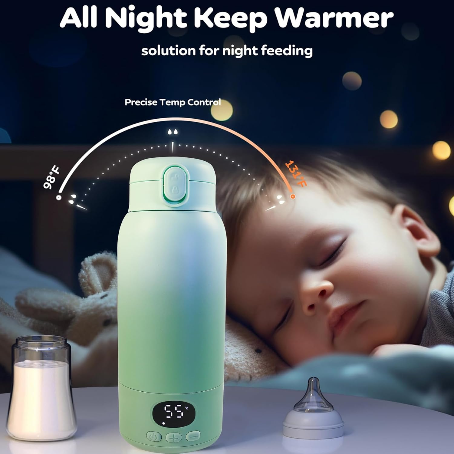Portable Bottle Warmer for Travel,Milk Warmer for Baby Breastmilk with Fast Heating & Precise Temp Control, Bottle Warmer for Car, Outdoors, 17 Ounces Large Capacity,Green(Only Contains Wires, No Plugs) image number 4