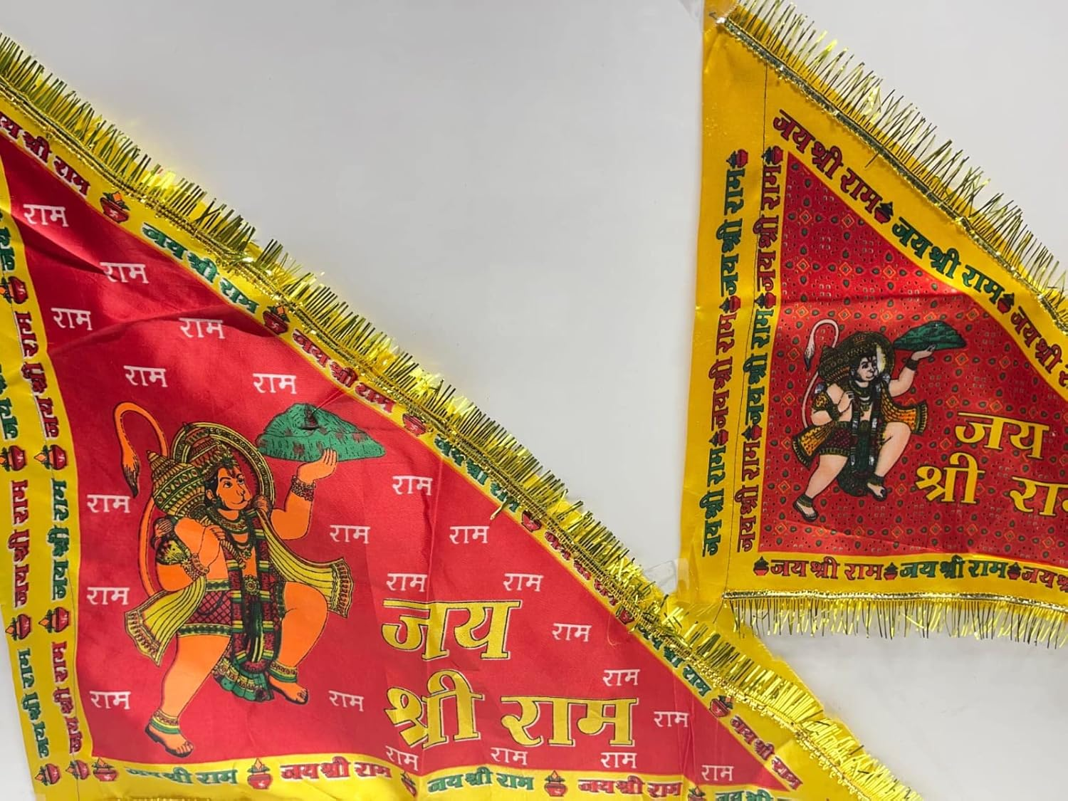 SHIVOHAM Jai Shree Ram Hanuman Cloth Flag for Pooja | Printed Triangle Dwaj for Home Temple & Outdoor | Normal Size for Car/Office/Home Use